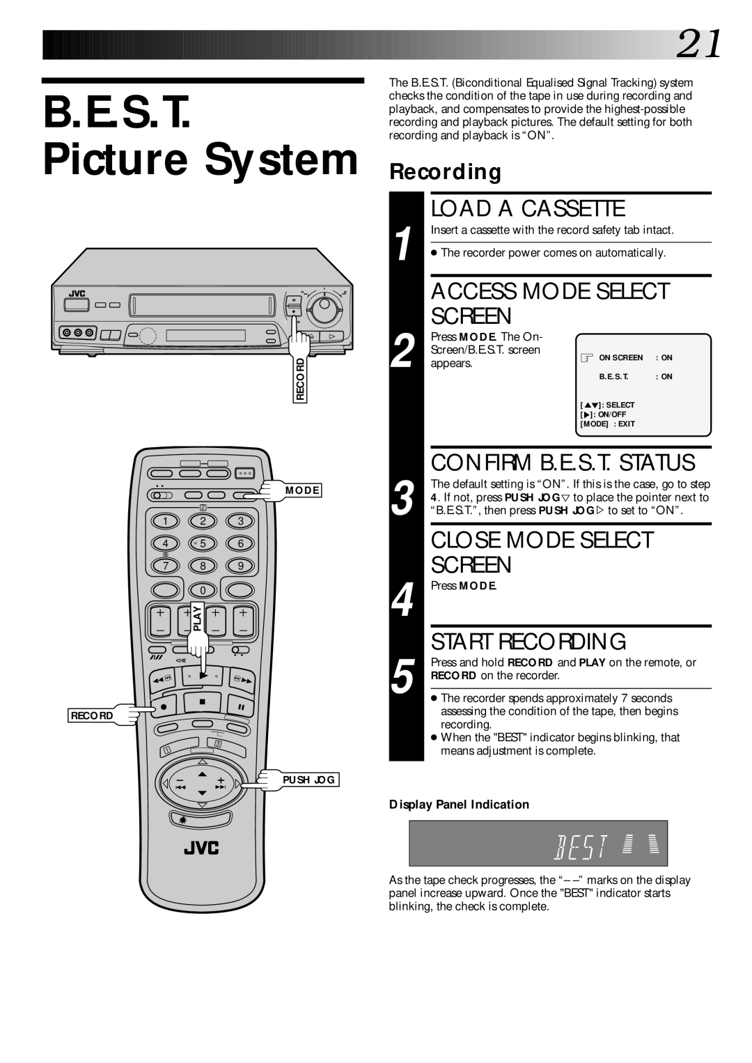 JVC PU30425 S.T. Picture System, Access Mode Select, Recording, Confirm B.E.S.T. Status, Display Panel Indication 