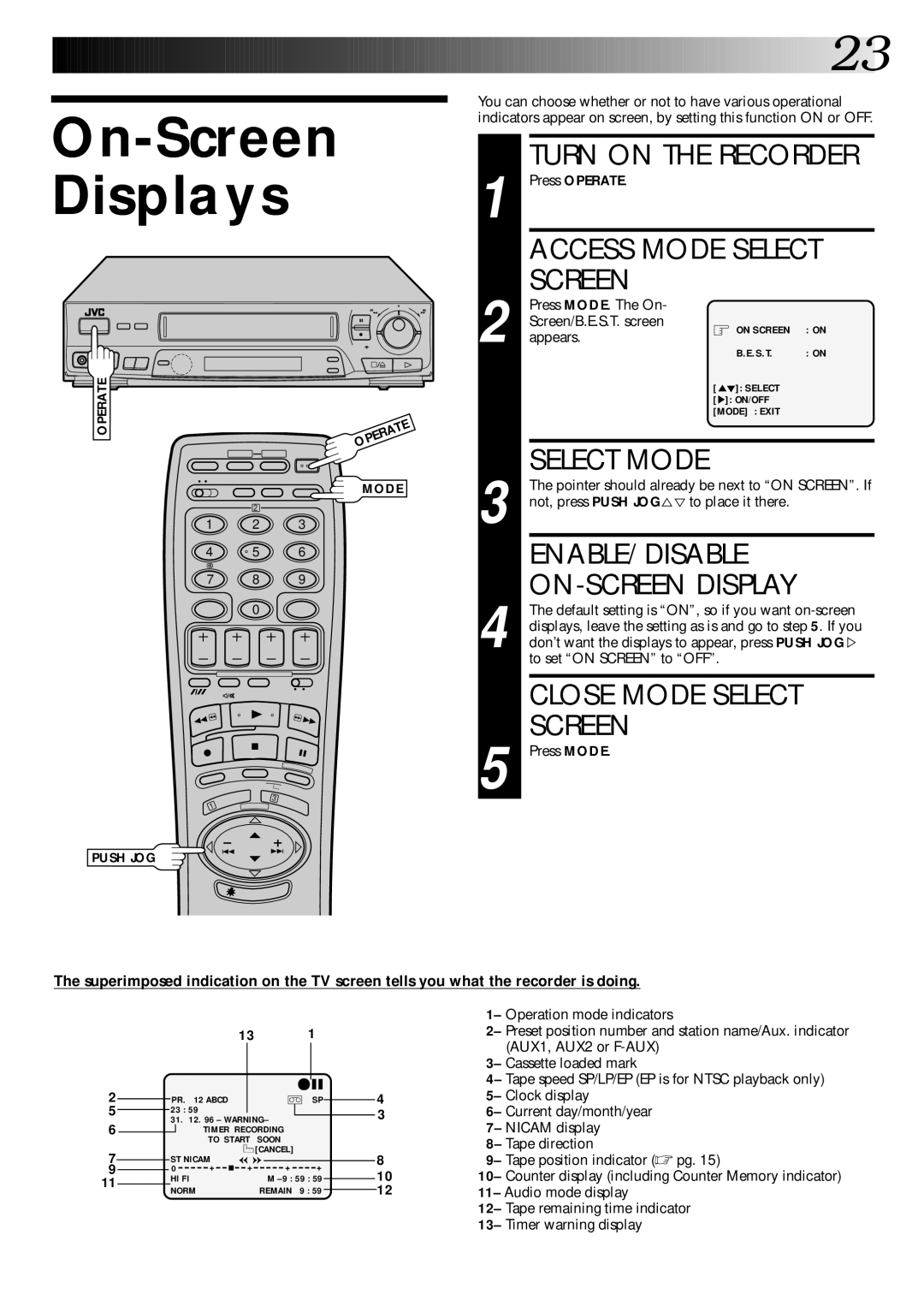 JVC PU30425 specifications On-Screen Displays, Select Mode, Enable/Disable, ON-SCREEN Display 