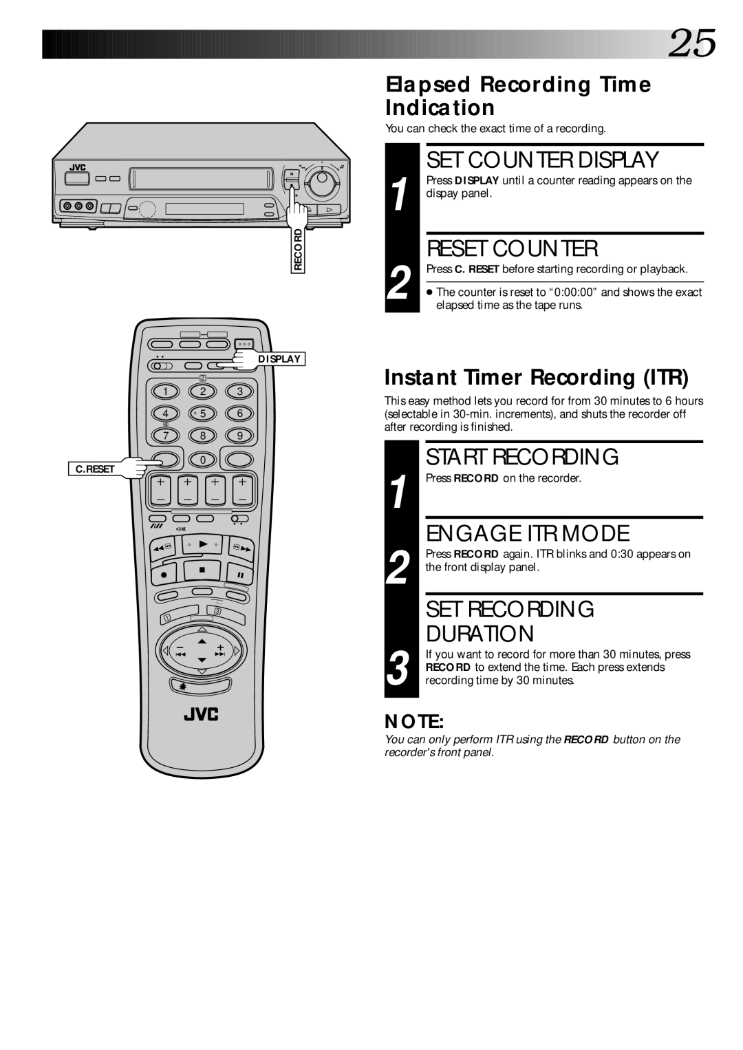 JVC PU30425 specifications SET Counter Display, Reset Counter, Engage ITR Mode, SET Recording Duration 