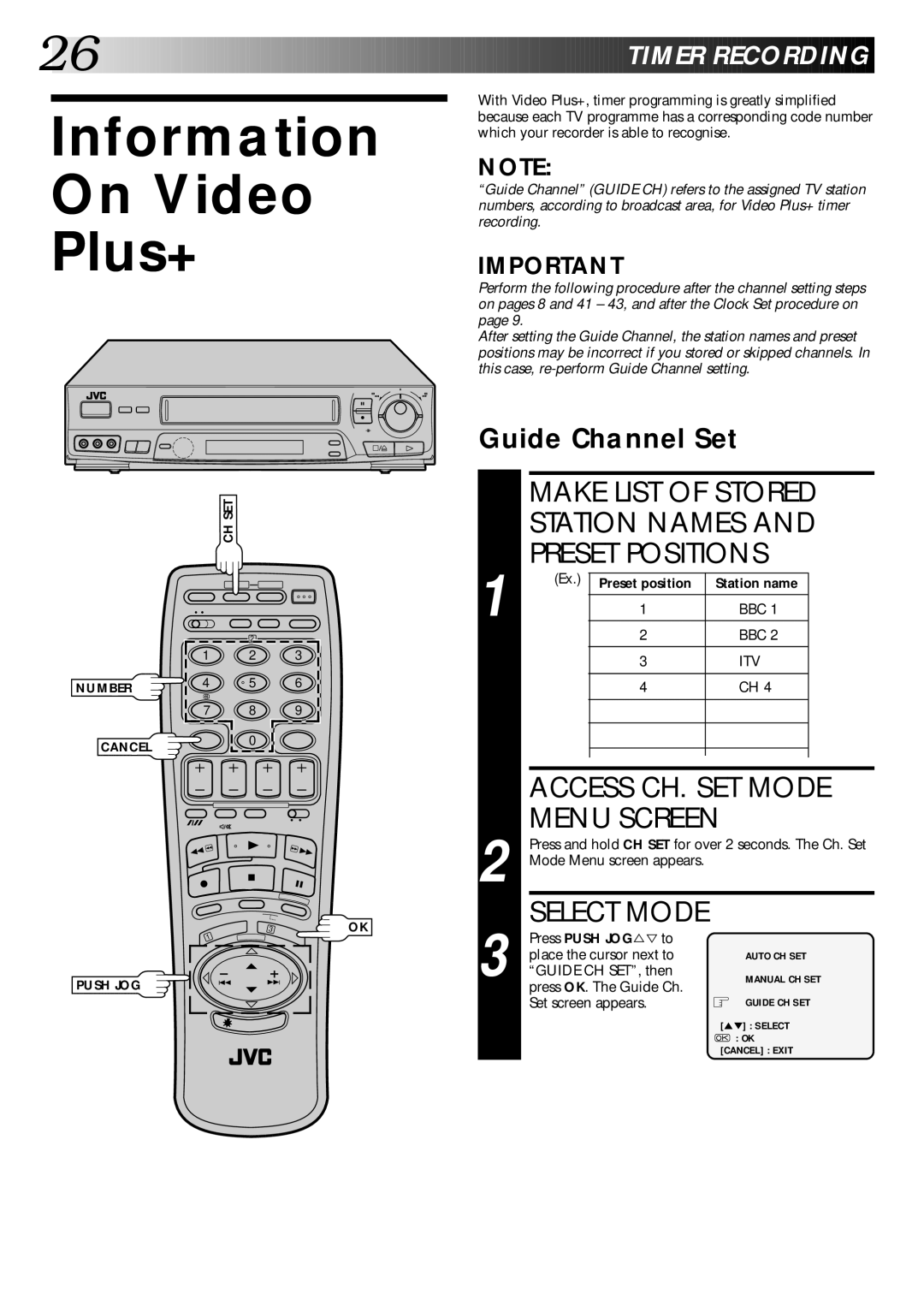 JVC PU30425 specifications Information On Video Plus+, Make List of Stored Station Names Preset Positions, Timer Recording 