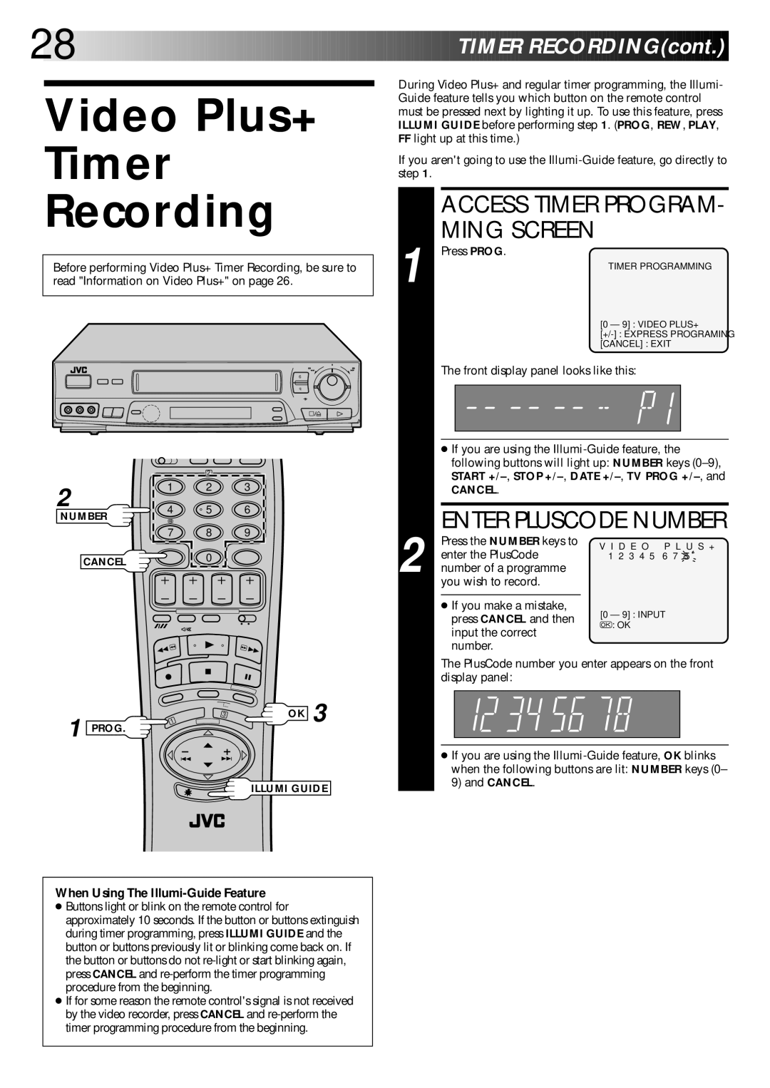 JVC PU30425 Video Plus+ Timer Recording, Enter Pluscode Number, Timer RECORDINGcont, Access Timer PROGRAM- Ming Screen 