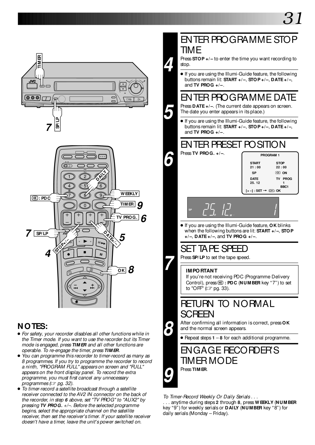 JVC PU30425 specifications Enter Programme Stop Time, Engage RECORDER’S Timer Mode, TV Prog +, Press TV PROG. + 