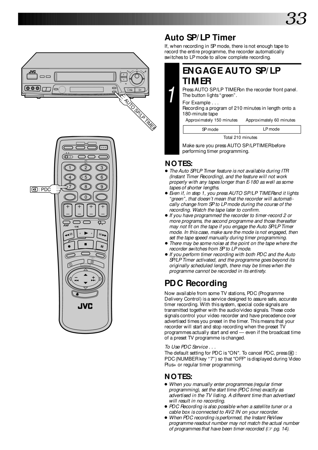 JVC PU30425 specifications Engage Auto SP/LP, Auto SP/LP Timer, PDC Recording, For Example 