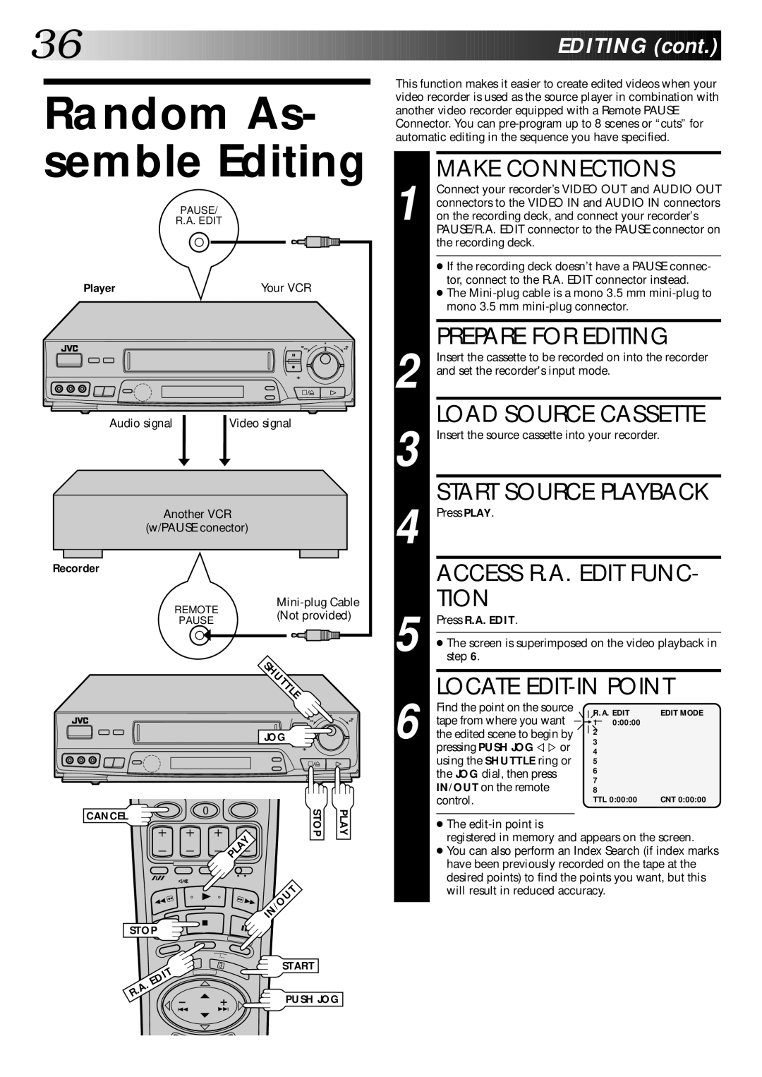 JVC PU30425 specifications Random As- semble Editing 