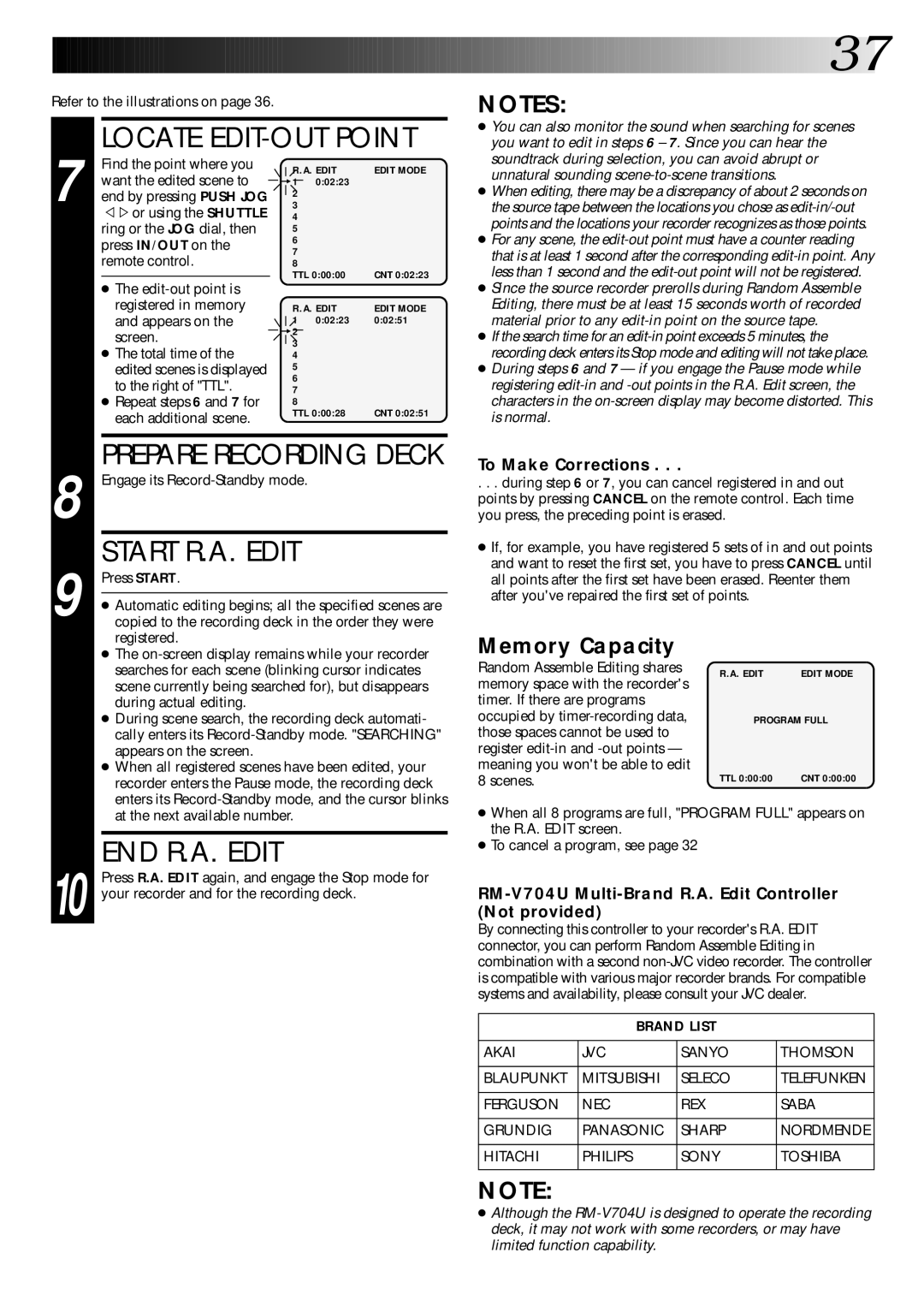 JVC PU30425 specifications Prepare Recording Deck, Start R.A. Edit, END R.A. Edit, To Make Corrections 