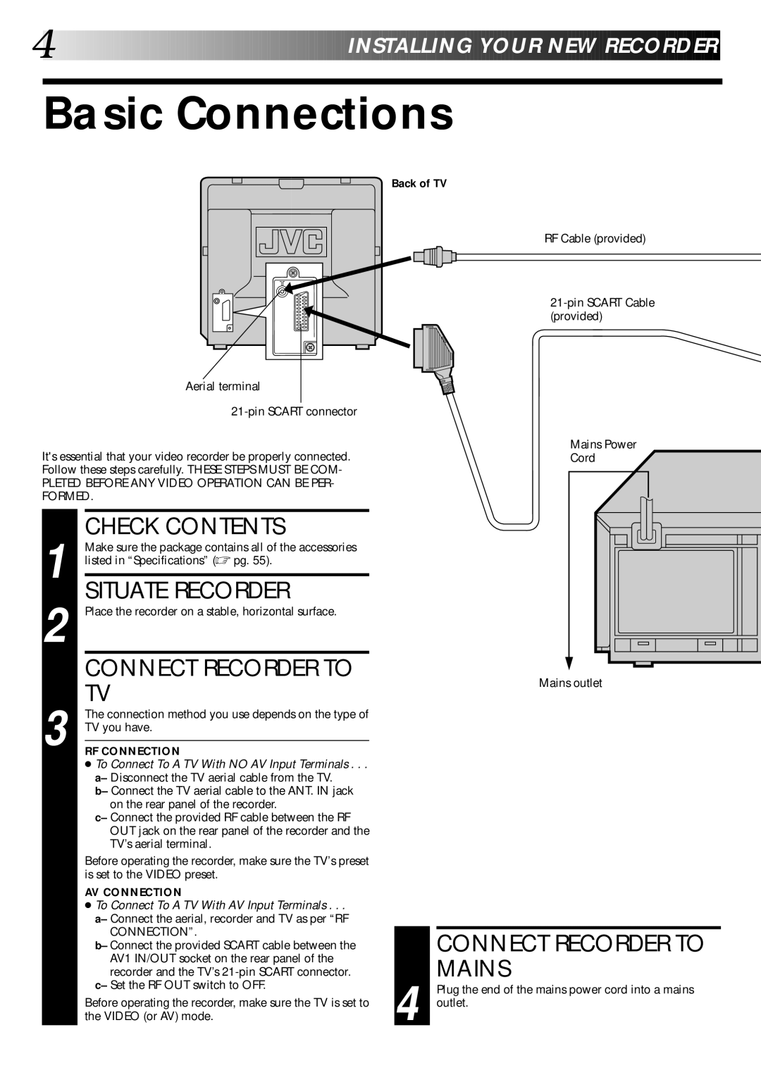 JVC PU30425 specifications Basic Connections, Check Contents, Situate Recorder, Connect Recorder to Mains 