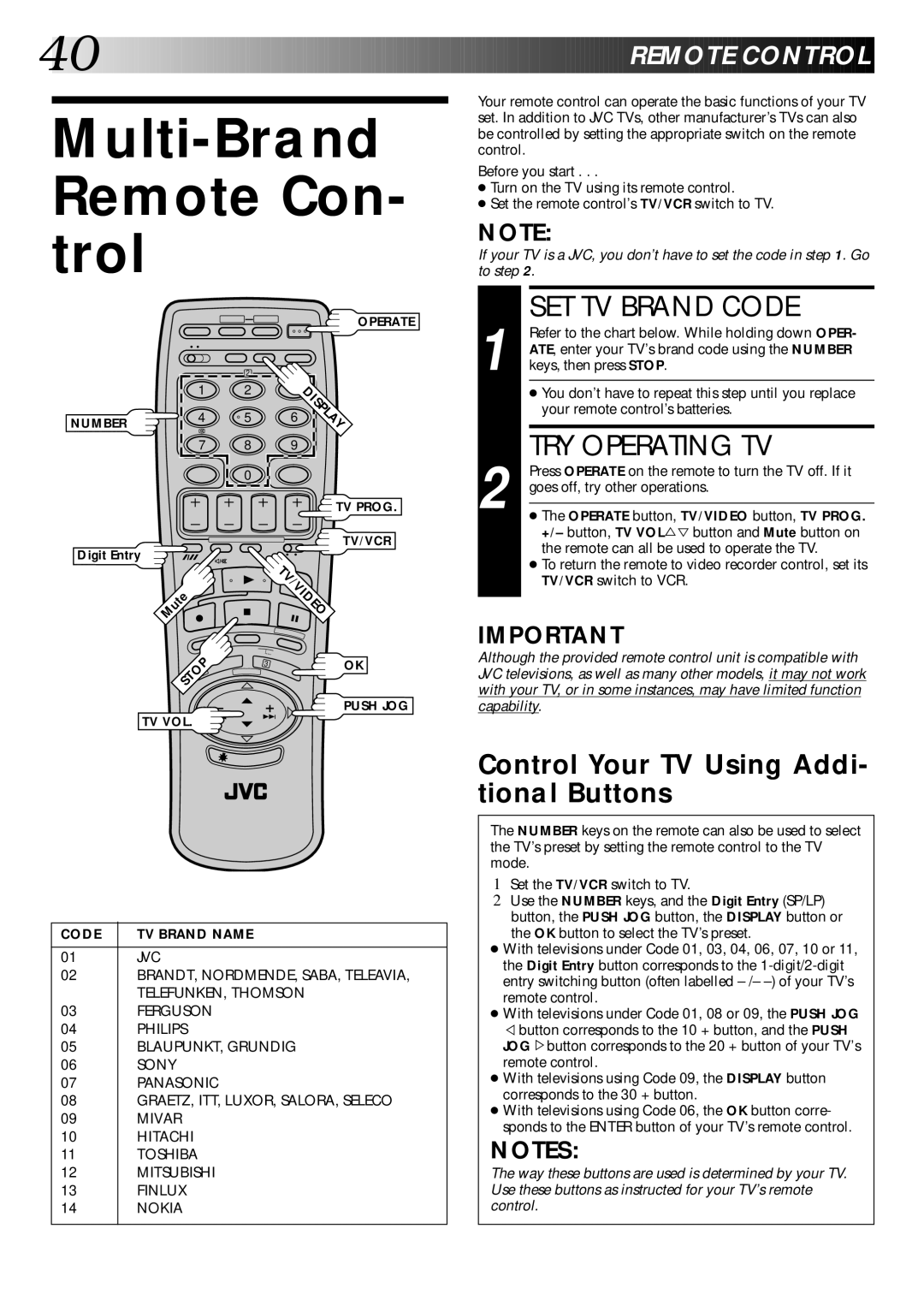 JVC PU30425 specifications Multi-Brand Remote Con- trol, SET TV Brand Code, TRY Operating TV, Remote CON Trol 