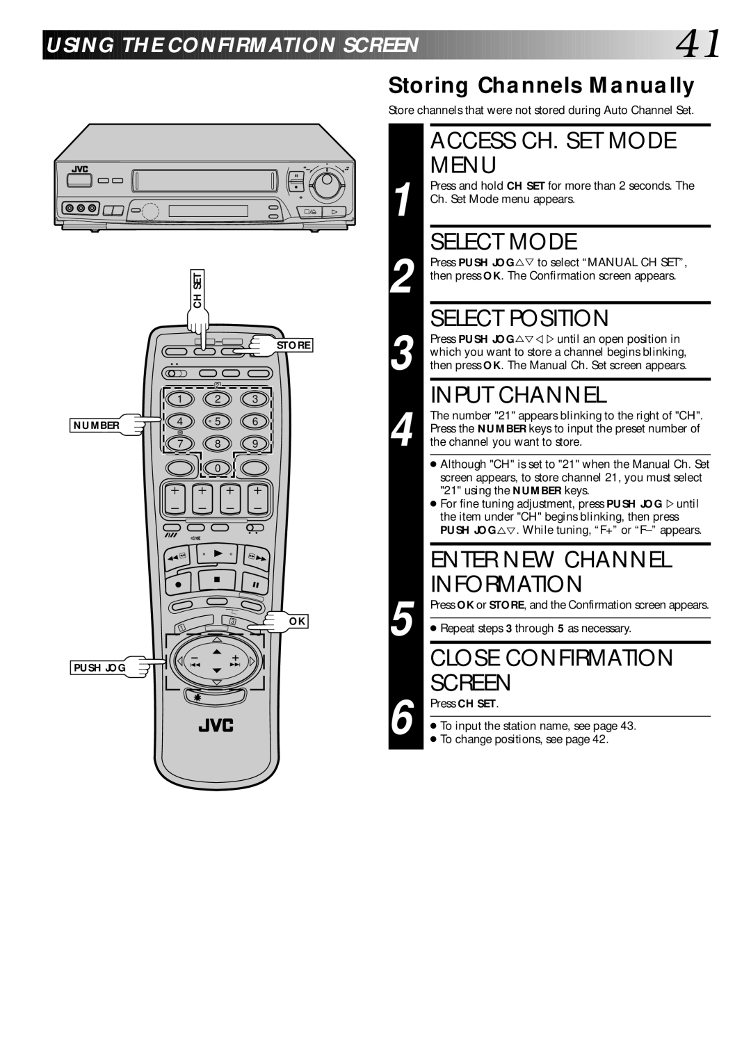 JVC PU30425 Access CH. SET Mode, Menu, Select Position, Input Channel, Enter NEW Channel, Information, Close Confirmation 