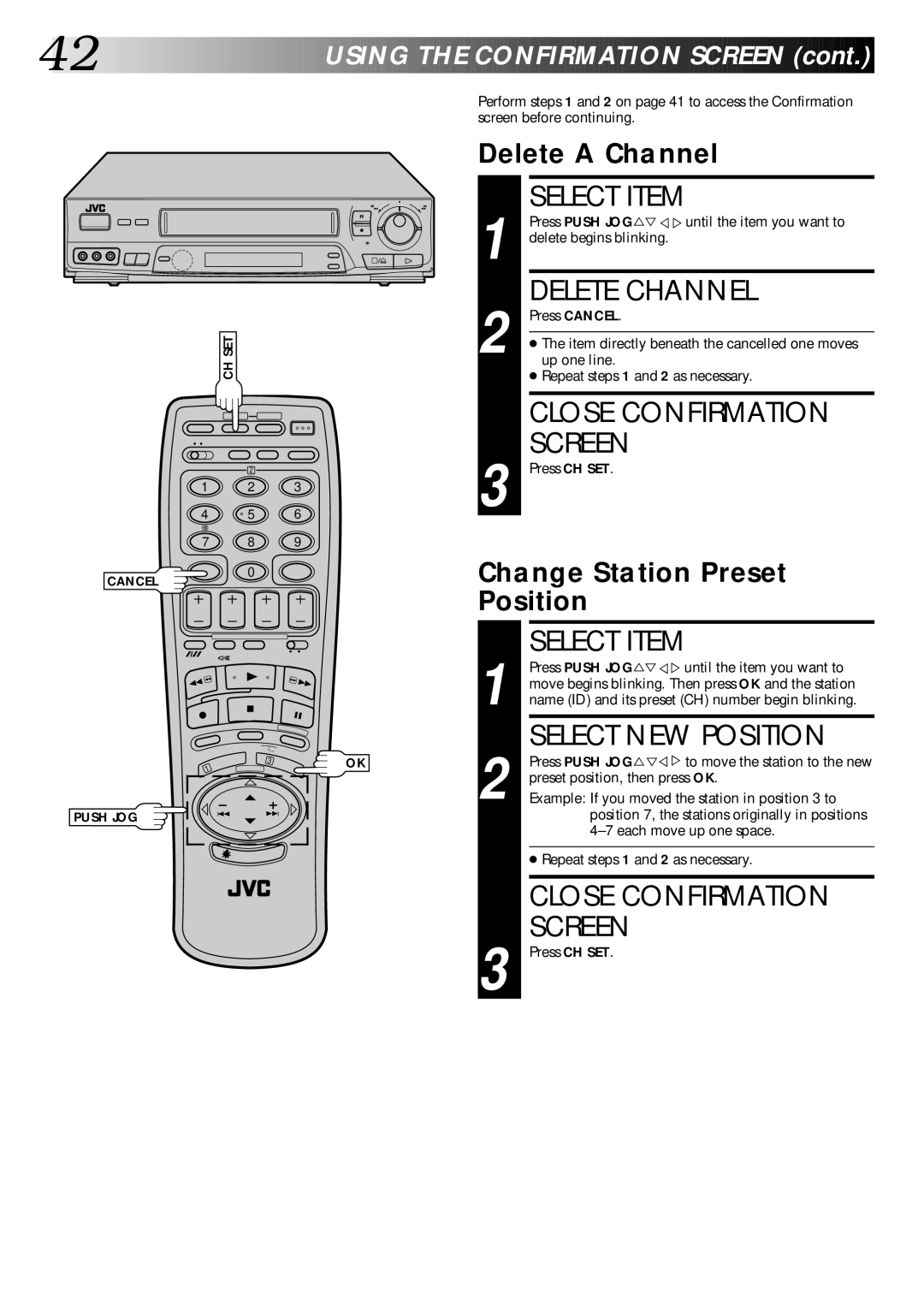 JVC PU30425 Select Item, Delete Channel, Select NEW Position, Delete a Channel, Change Station Preset Position 