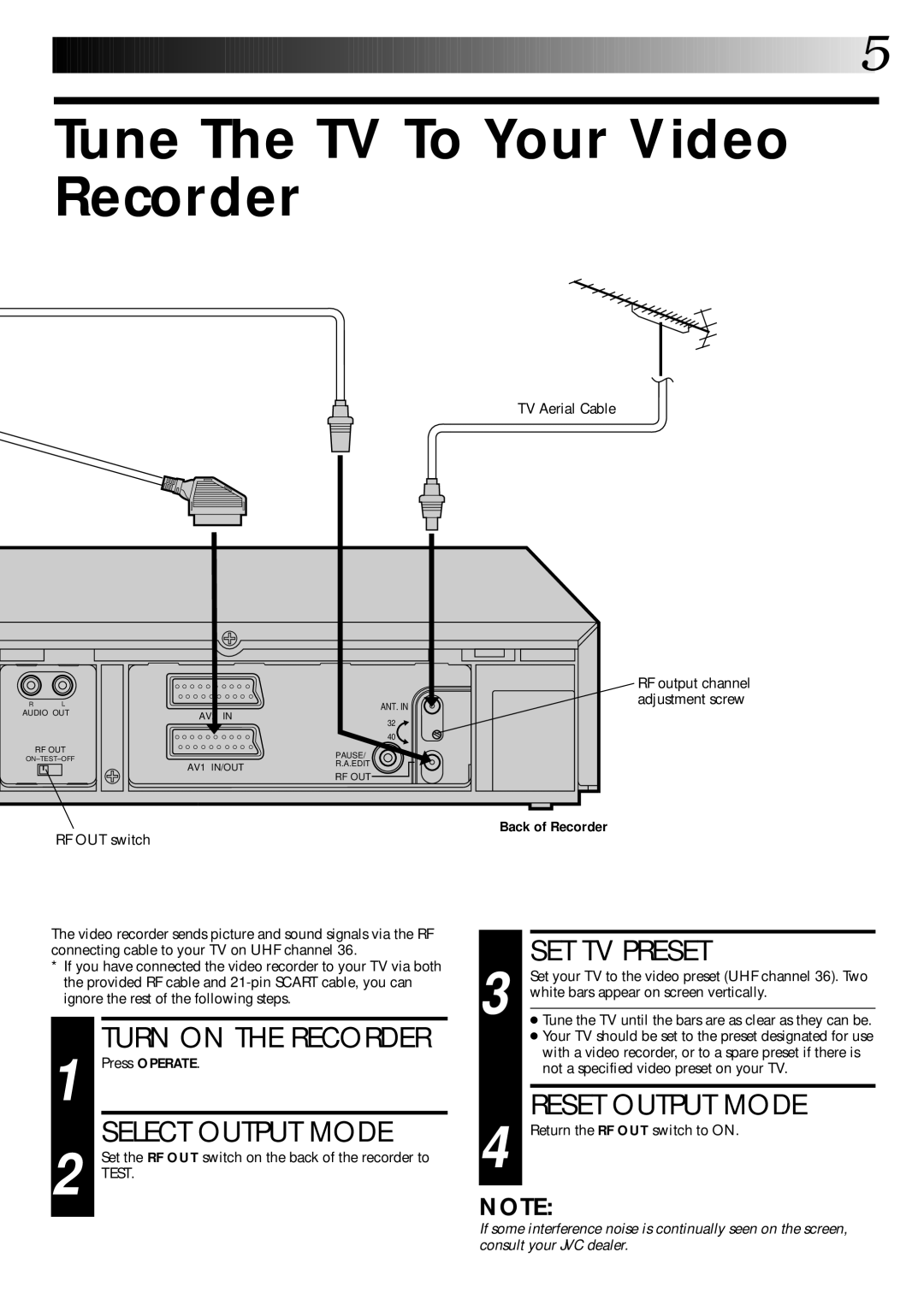 JVC PU30425 Tune The TV To Your Video Recorder, Select Output Mode, SET TV Preset, Reset Output Mode, Turn on the Recorder 