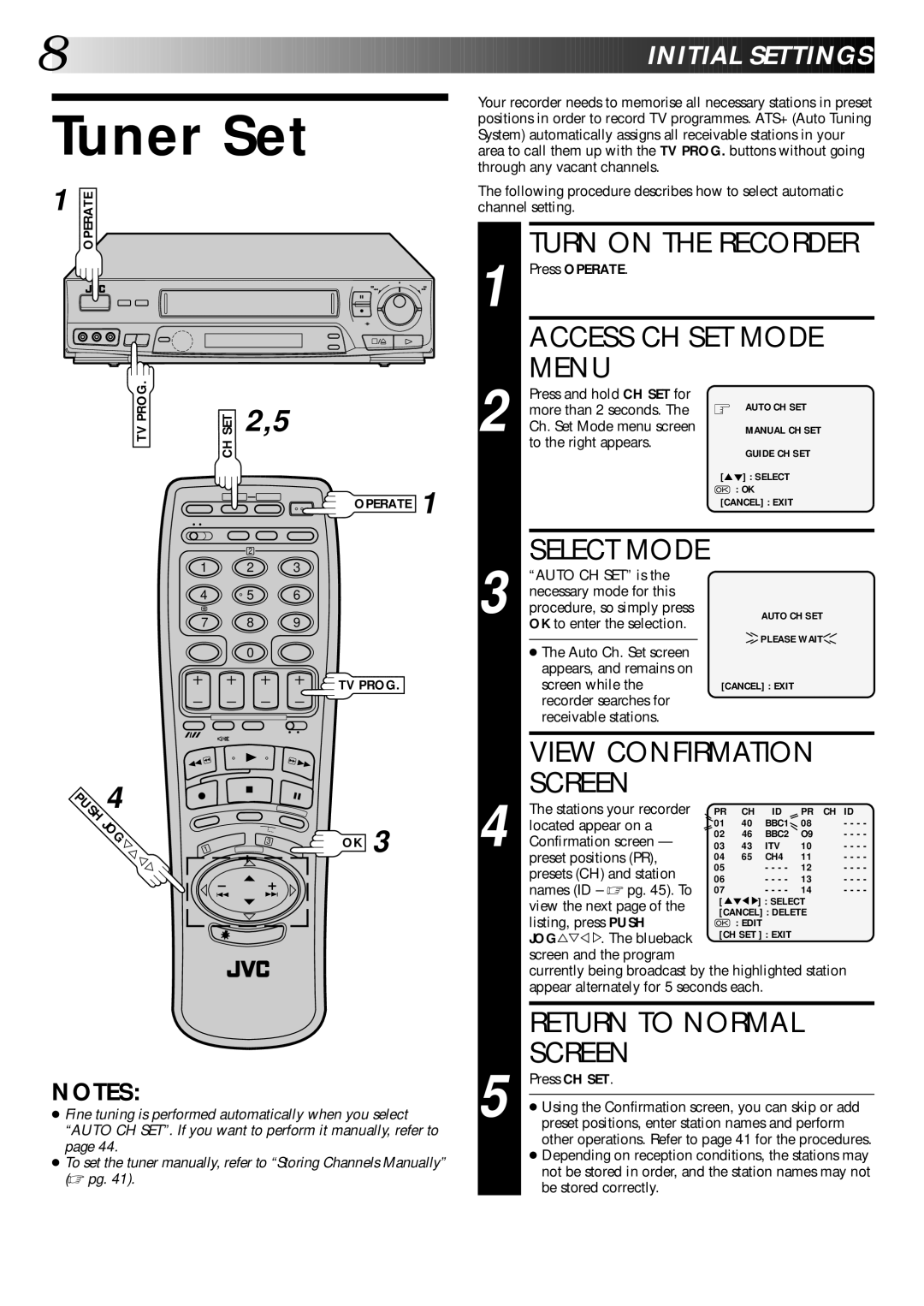 JVC PU30425 specifications Tuner Set, Turn on the Recorder, Return to Normal, Screen, Nitial Sett Ings 