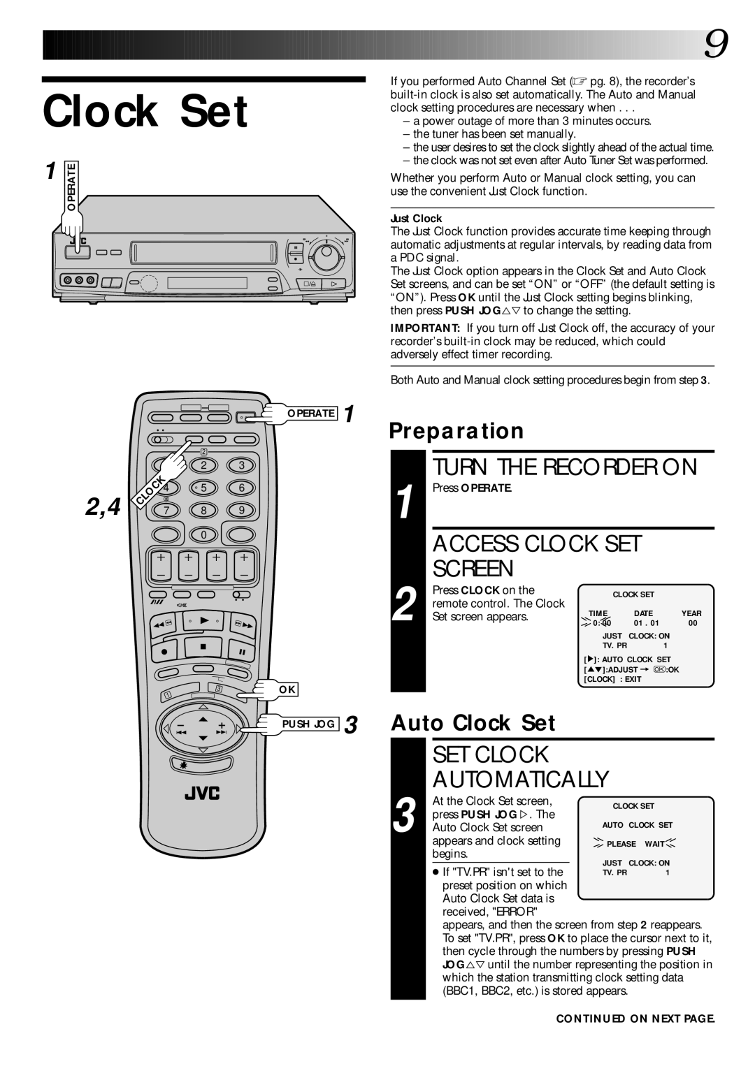 JVC PU30425 specifications Turn the Recorder on, SET Clock Automatically, Preparation, Auto Clock Set 