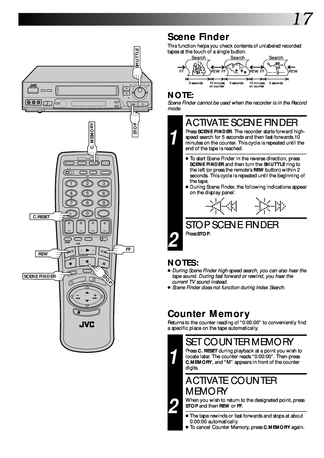 JVC PU30425 specifications Activate Scene Finder, Stop Scene Finder, Set Counter Memory, Activate Counter 