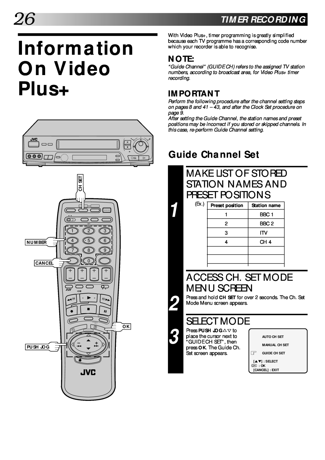 JVC PU30425 Information On Video Plus+, Make List Of Stored Station Names And Preset Positions, 26TIMERRECORDING 