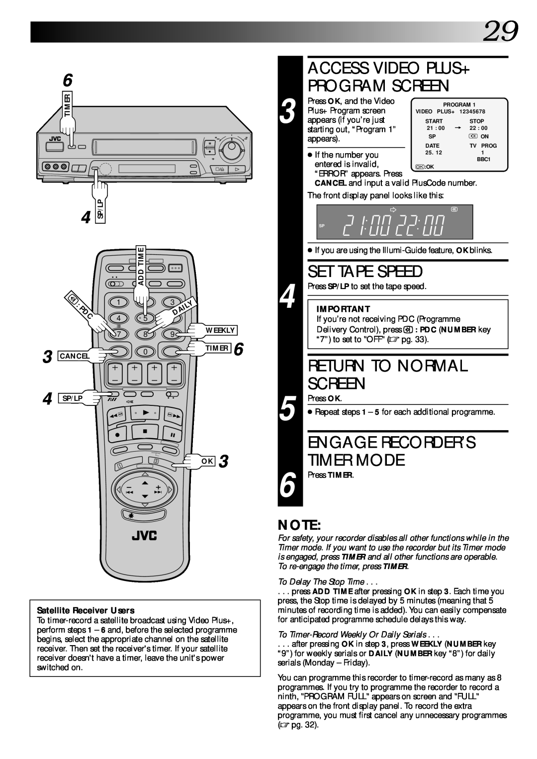 JVC PU30425 Engage Recorder’S, Timer Mode, Access Video Plus+, Program Screen, Set Tape Speed, Return To Normal, appears 