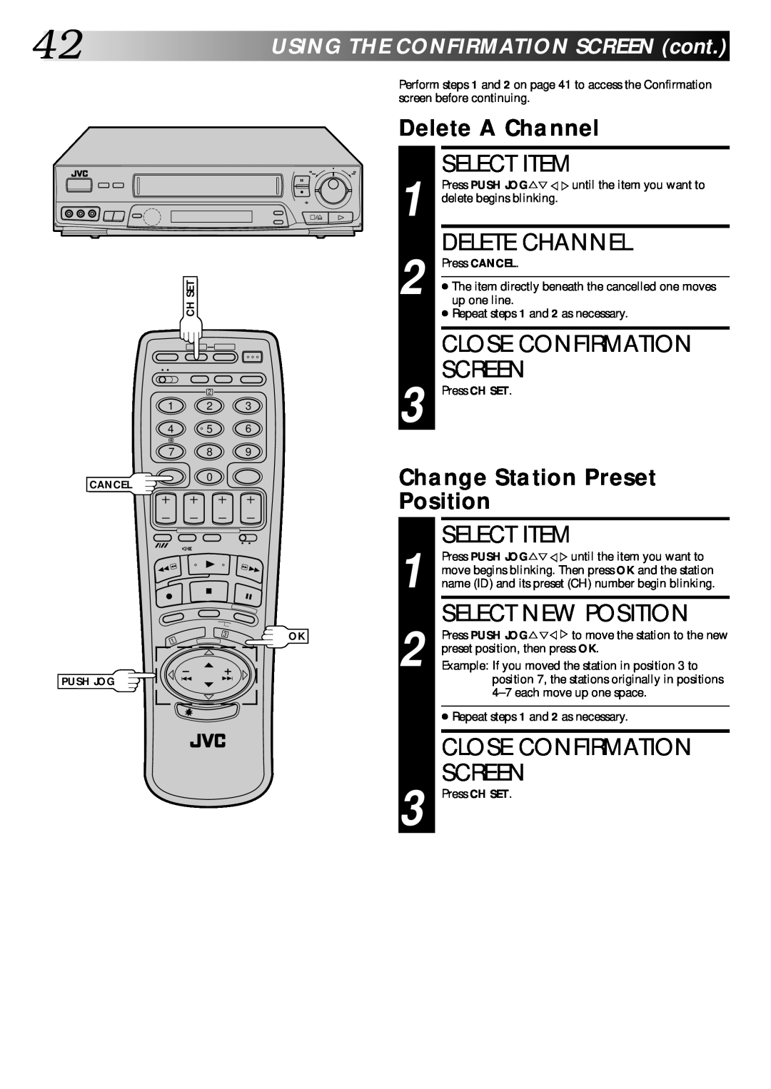 JVC PU30425 Select Item, Delete Channel, Select New Position, Delete A Channel, Change Station Preset Position, Screen 