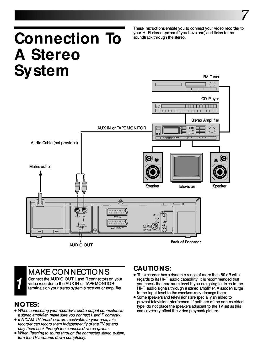 JVC PU30425 specifications Connection To A Stereo System, Make Connections, Cautions, Back of Recorder 