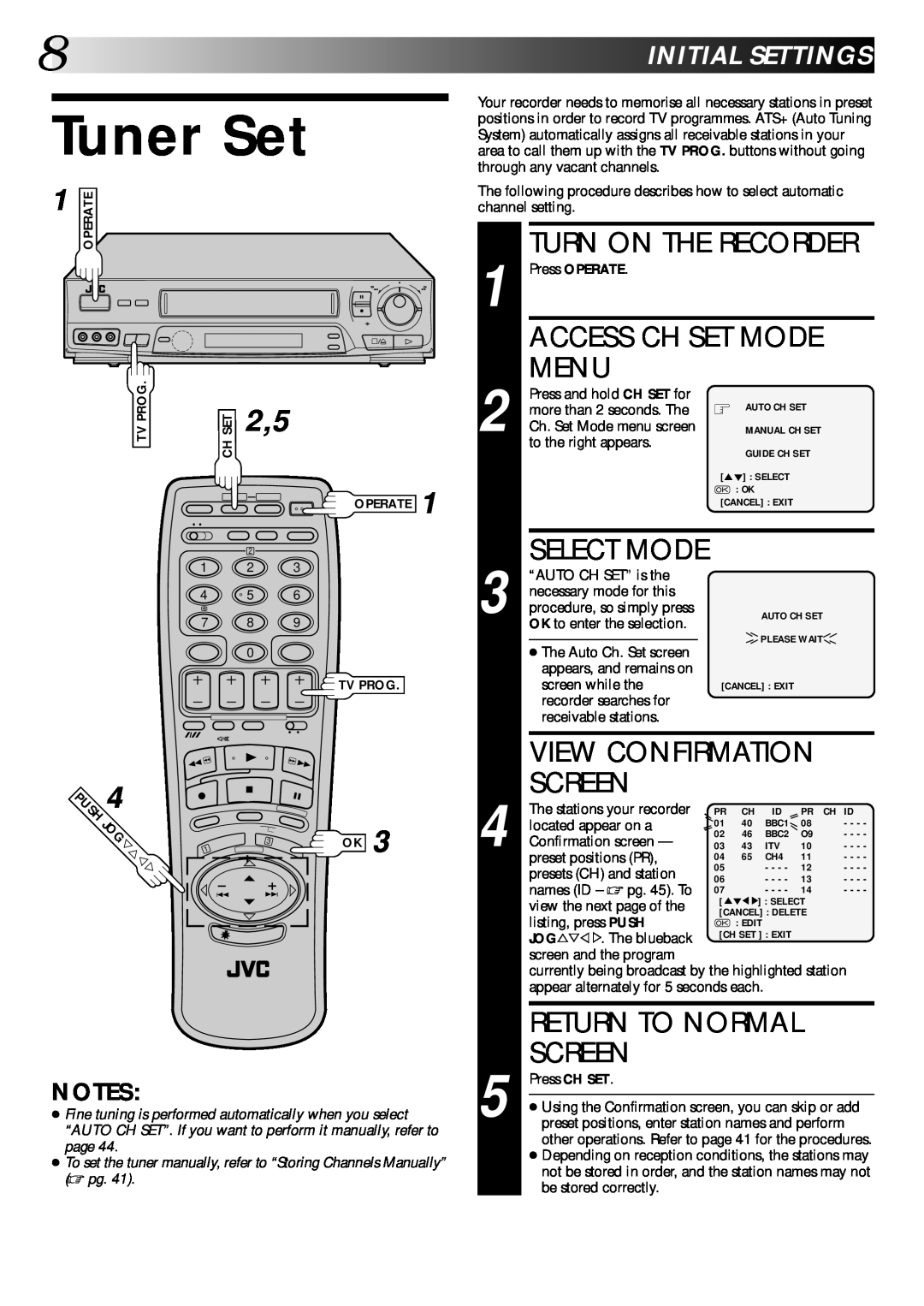 JVC PU30425 Tuner Set, Turn On The Recorder, Access Ch Set Mode, Menu, View Confirmation, Screen, Return To Normal 