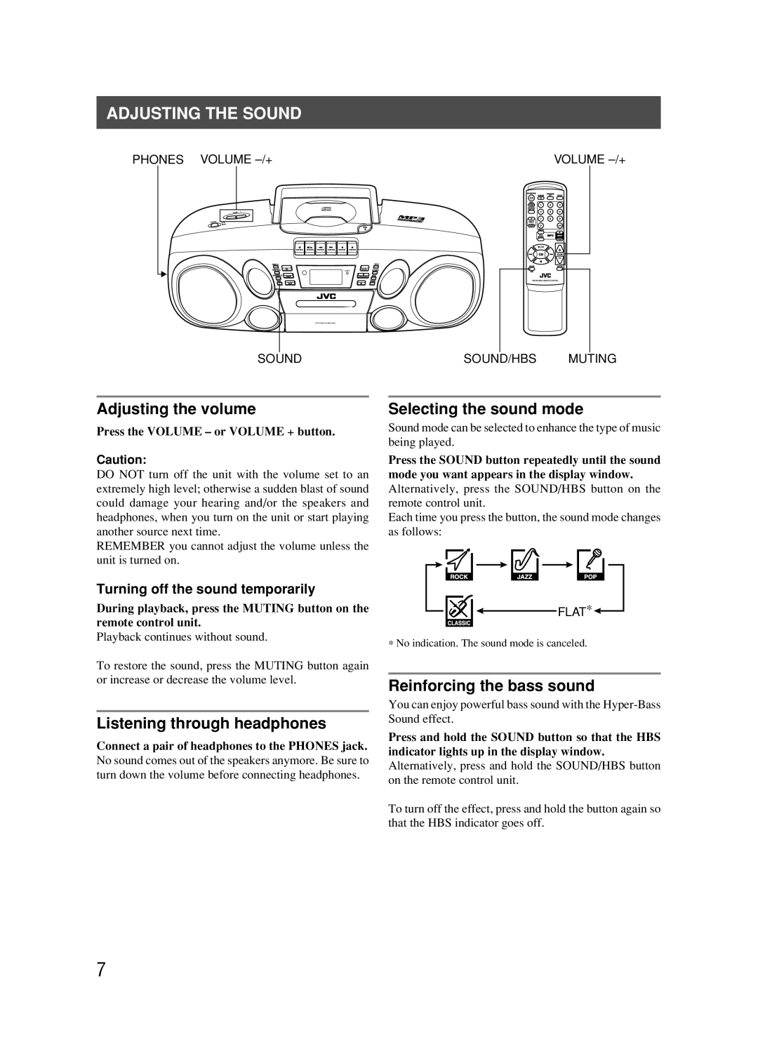 JVC RC-BM5 manual Adjusting the Sound, Adjusting the volume, Selecting the sound mode, Listening through headphones 