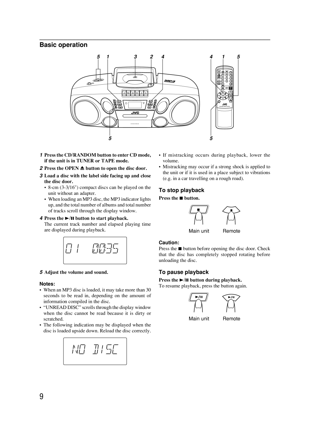 JVC RC-BM5 manual Basic operation, To stop playback, To pause playback 