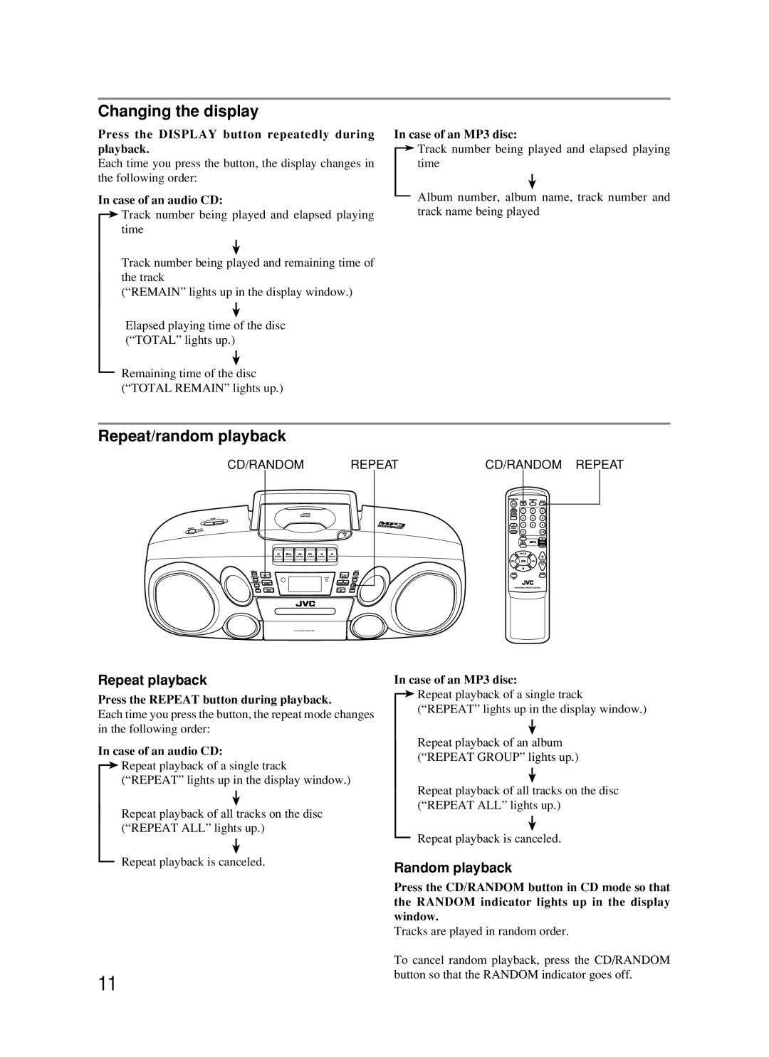 JVC RC-BM5 manual Changing the display, Repeat/random playback, Repeat playback, Random playback 