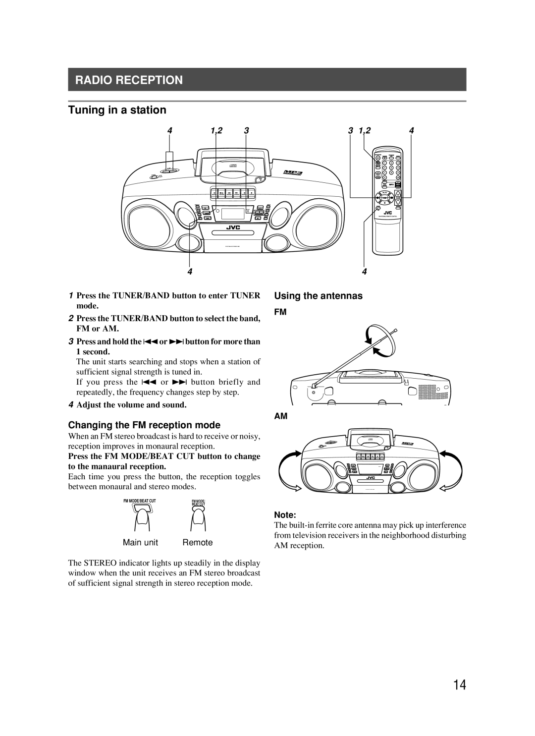 JVC RC-BM5 manual Radio Reception, Tuning in a station, Changing the FM reception mode, Using the antennas 