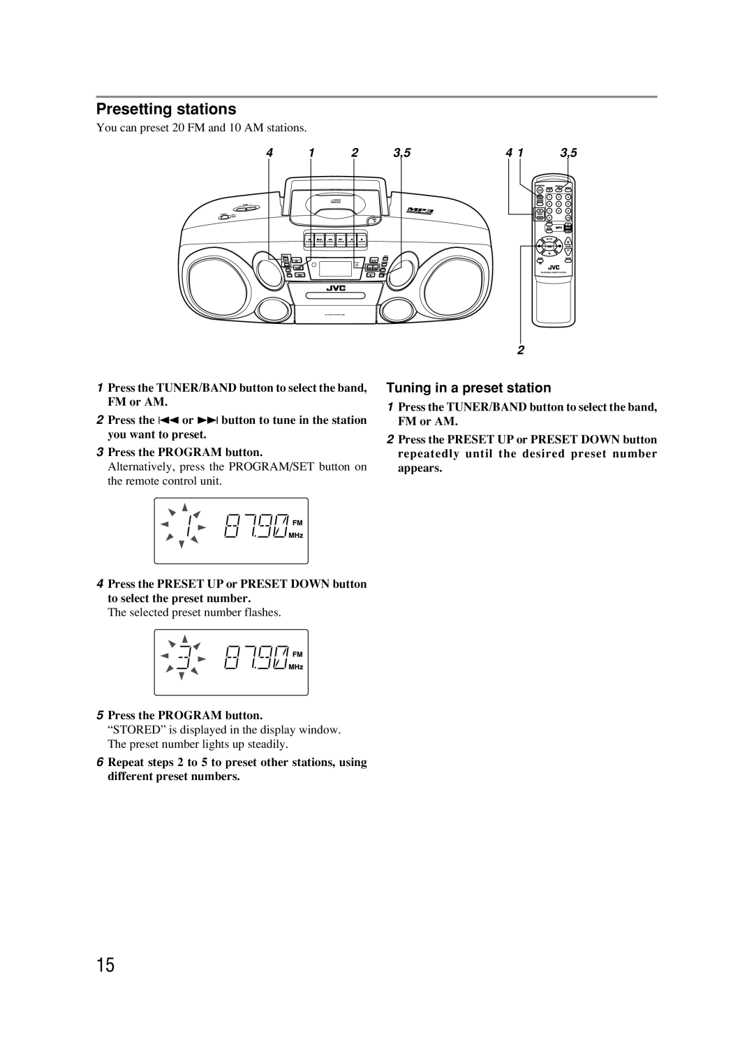 JVC RC-BM5 manual Presetting stations, Tuning in a preset station 