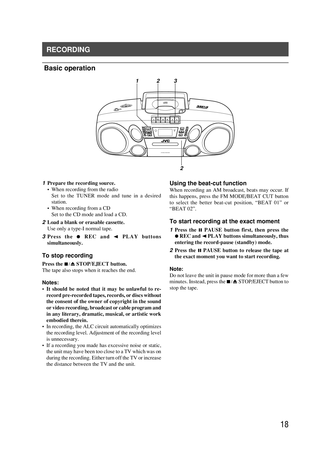 JVC RC-BM5 manual Recording, To stop recording, Using the beat-cut function, To start recording at the exact moment 