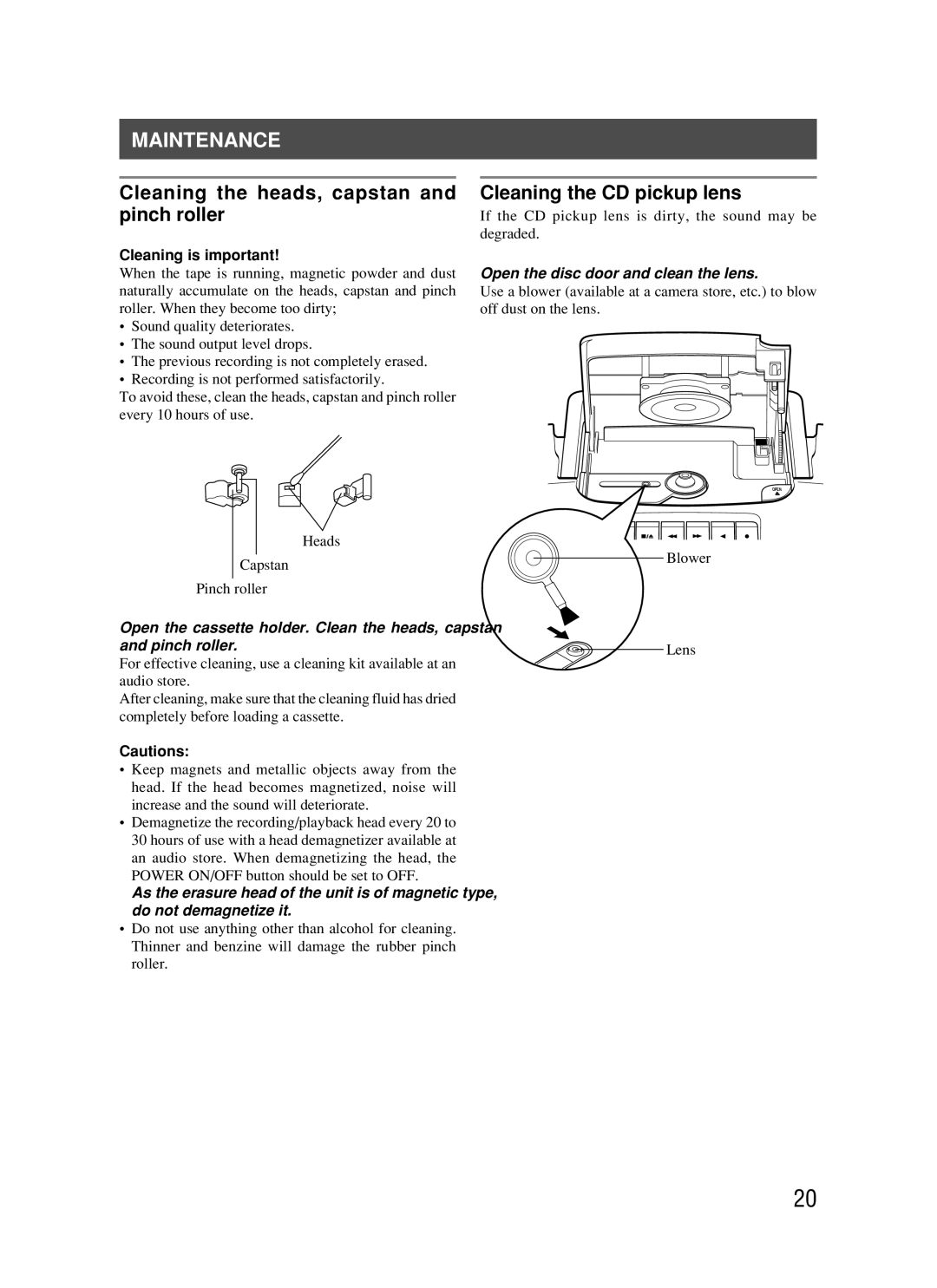 JVC RC-BM5 manual Maintenance, Cleaning the heads, capstan and pinch roller, Cleaning the CD pickup lens 