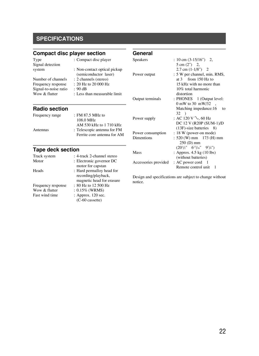 JVC RC-BM5 manual Specifications, Compact disc player section, Radio section, Tape deck section, General 