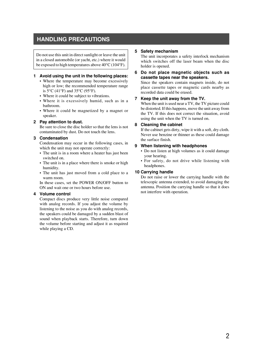 JVC RC-BM5 manual Handling Precautions, Avoid using the unit in the following places 