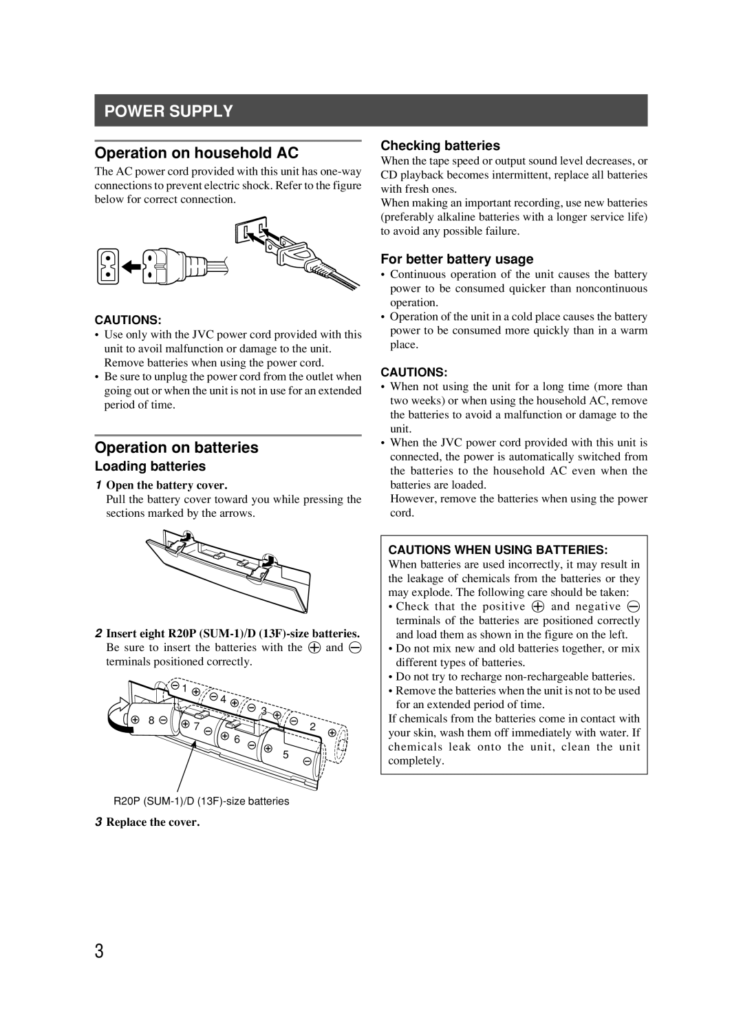 JVC RC-BM5 manual Power Supply, Operation on household AC, Operation on batteries 