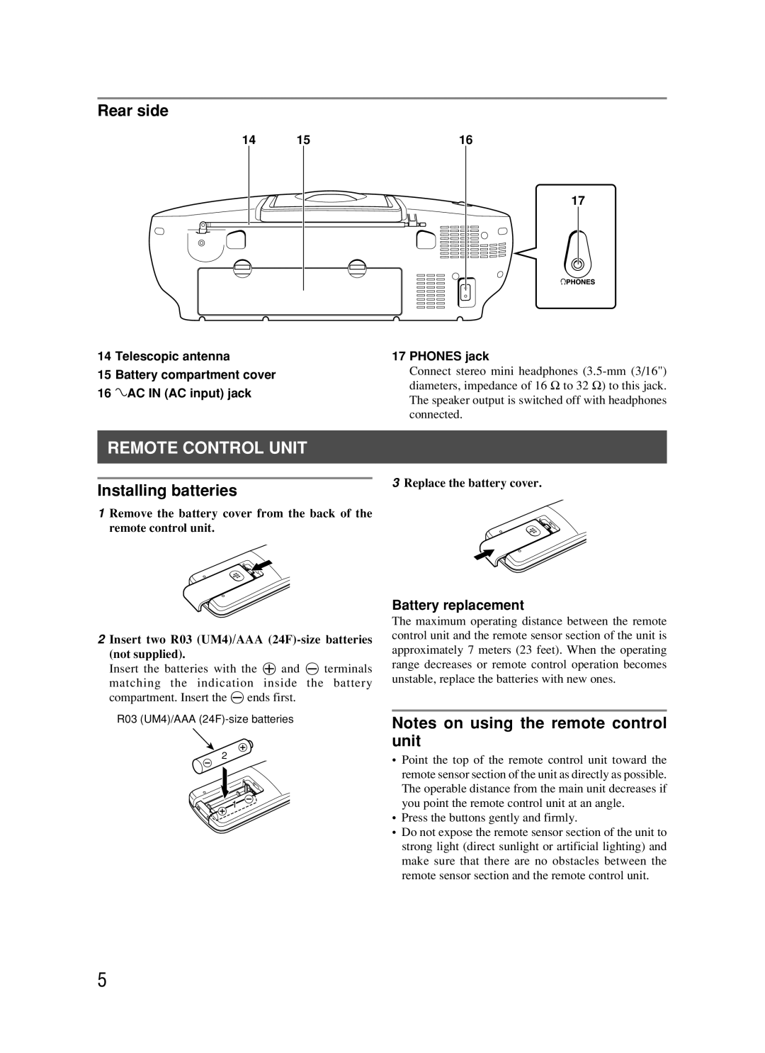 JVC RC-BM5 manual Remote Control Unit, Rear side, Installing batteries, Battery replacement, Replace the battery cover 