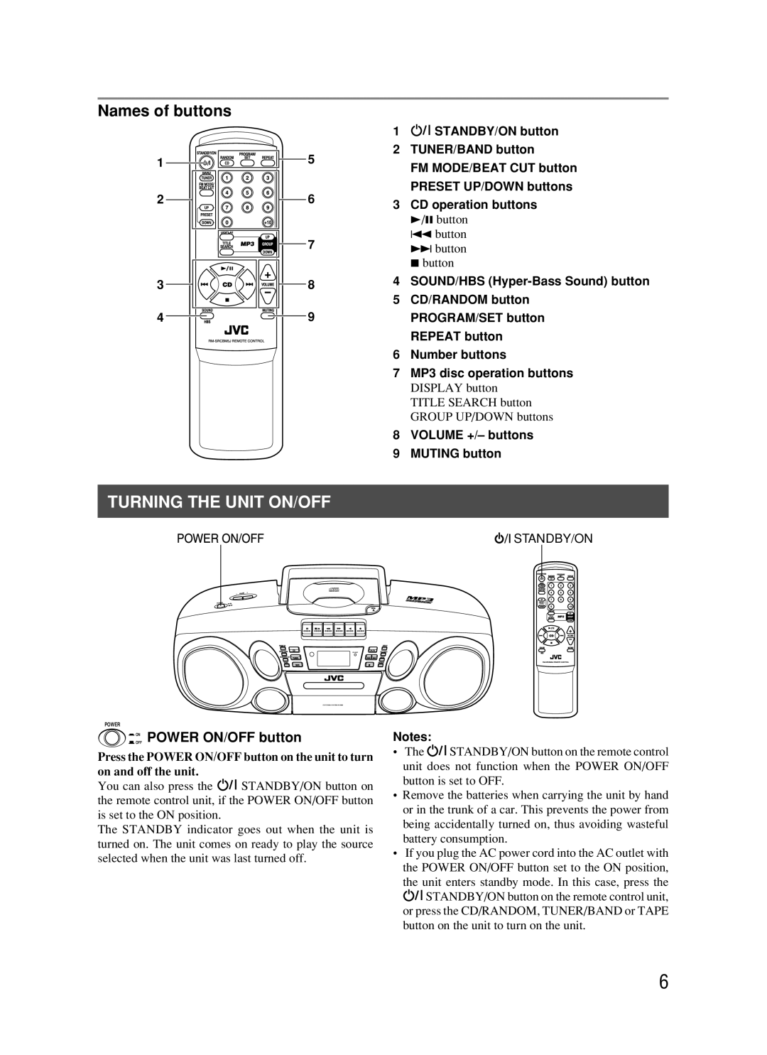 JVC RC-BM5 manual Turning the Unit ON/OFF, Names of buttons, Offon Power ON/OFF button 