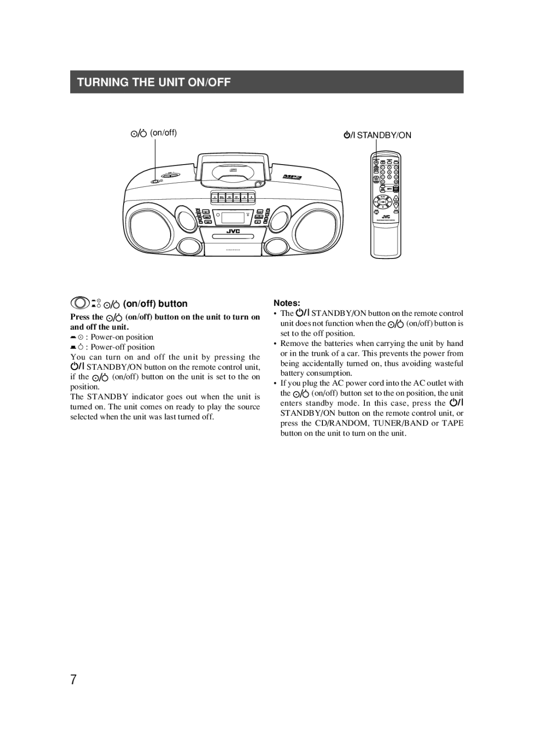 JVC RC-BM5 manual Turning the Unit ON/OFF, On/off button 