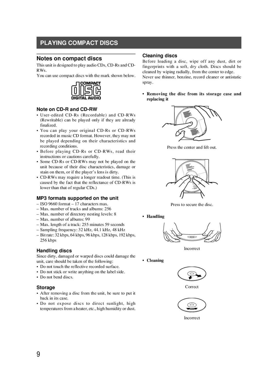 JVC RC-BM5 manual Playing Compact Discs, Cleaning discs, MP3 formats supported on the unit, Handling discs, Storage 