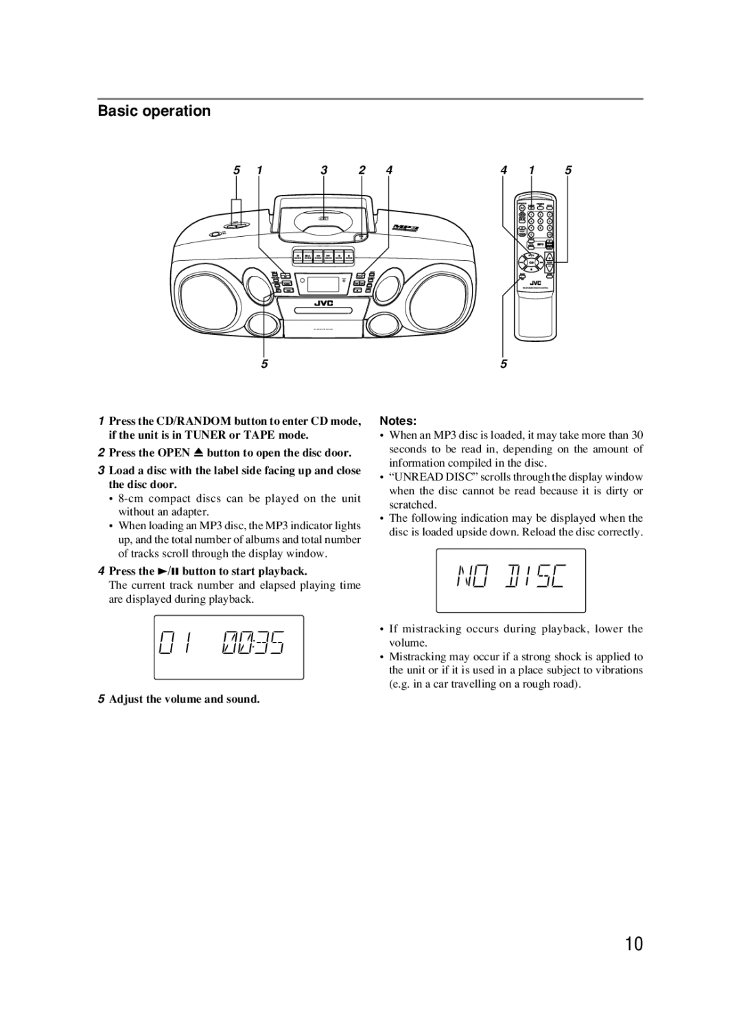 JVC RC-BM5 manual Basic operation, Press the 3/8 button to start playback, Adjust the volume and sound 