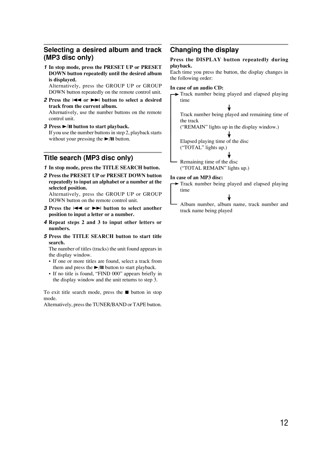 JVC RC-BM5 manual Selecting a desired album and track MP3 disc only, Title search MP3 disc only, Changing the display 