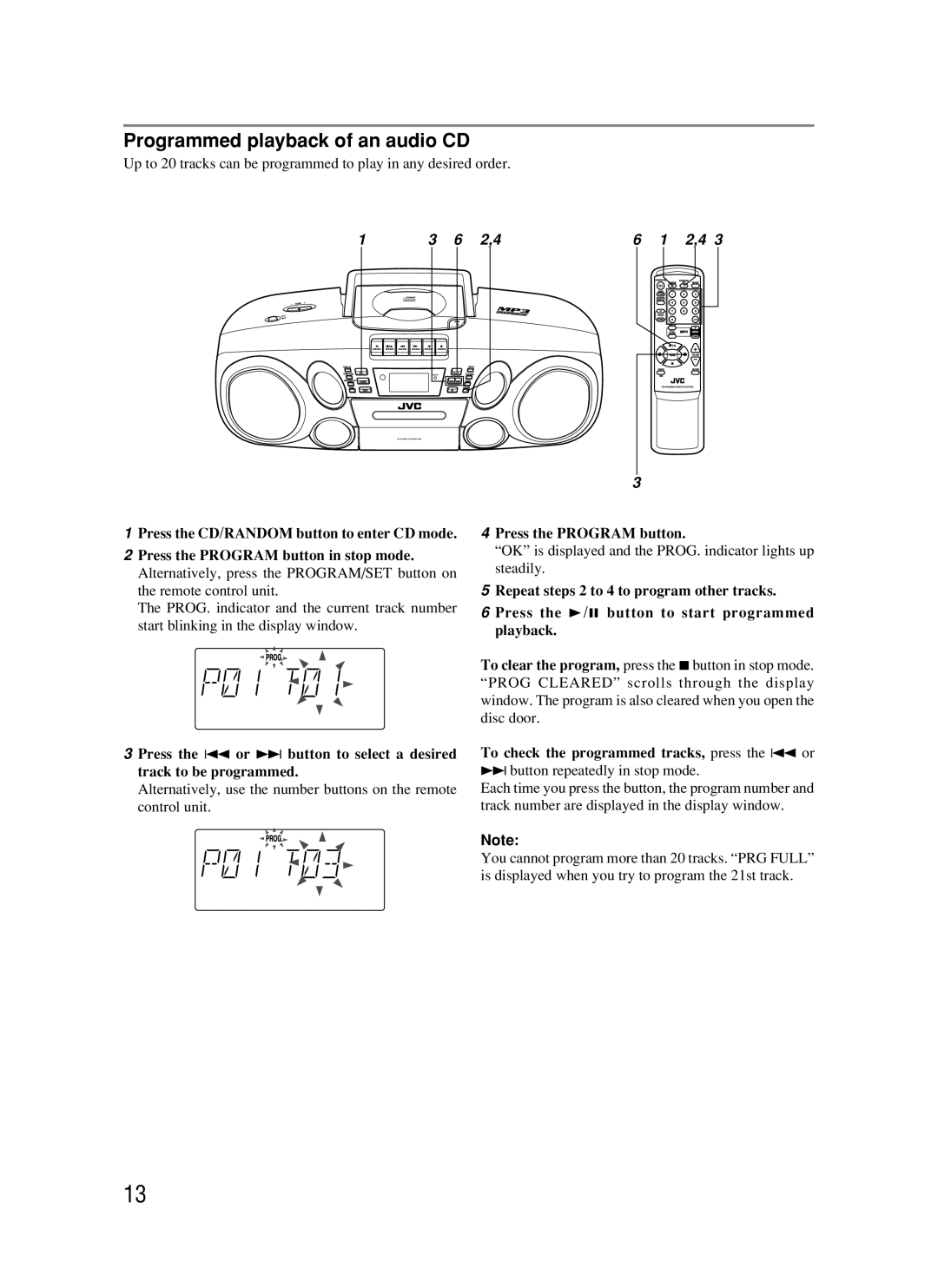 JVC RC-BM5 Programmed playback of an audio CD, Press the Program button, To check the programmed tracks, press the 4 or 