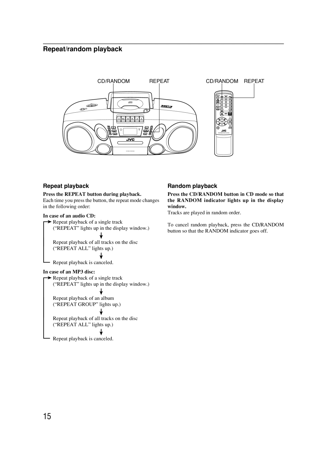 JVC RC-BM5 manual Repeat/random playback, Repeat playback, Random playback, Press the Repeat button during playback 