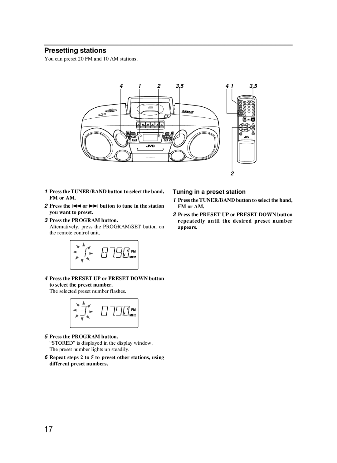 JVC RC-BM5 manual Presetting stations, Tuning in a preset station 