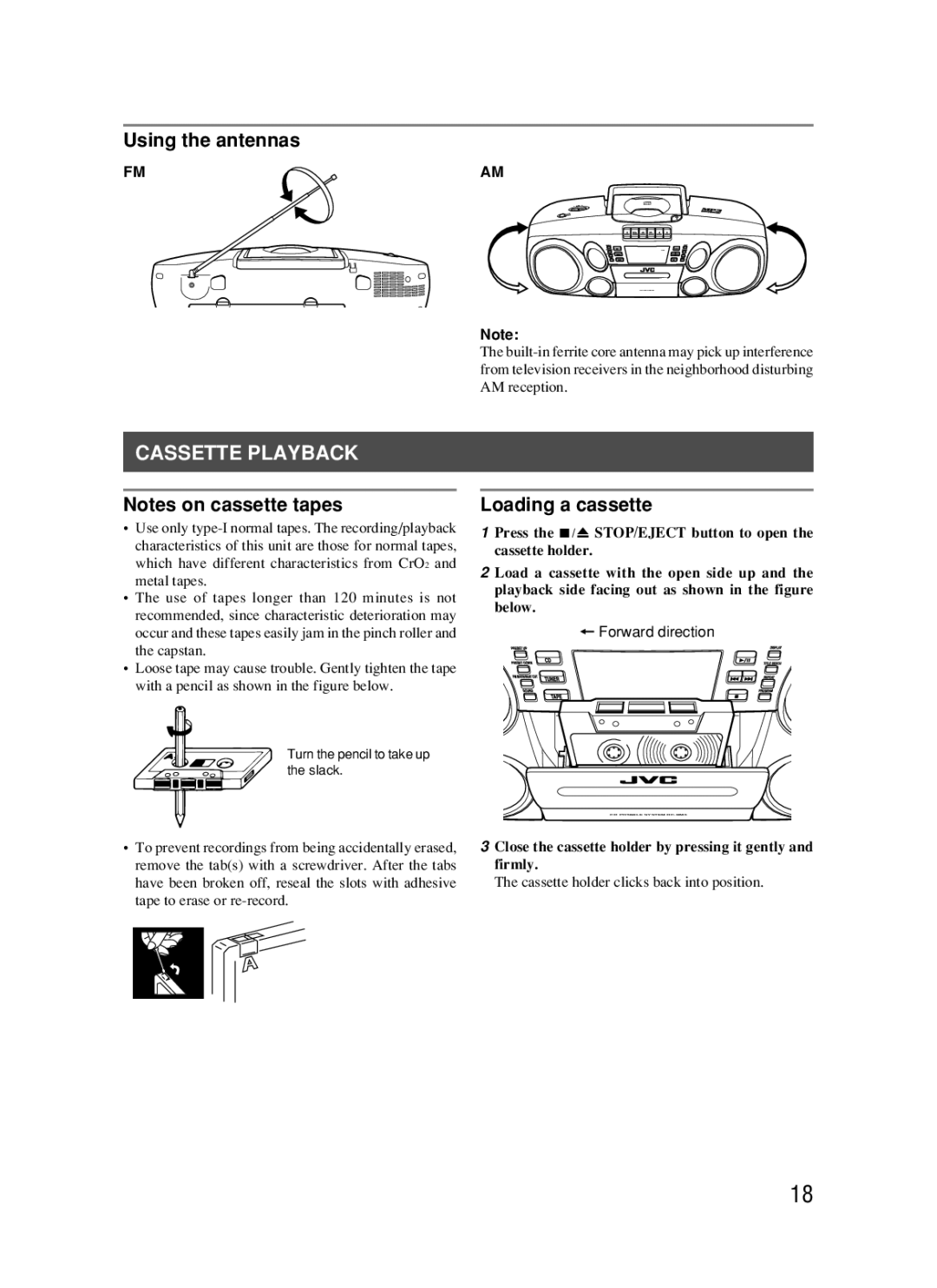 JVC RC-BM5 manual Cassette Playback, Using the antennas, Loading a cassette 