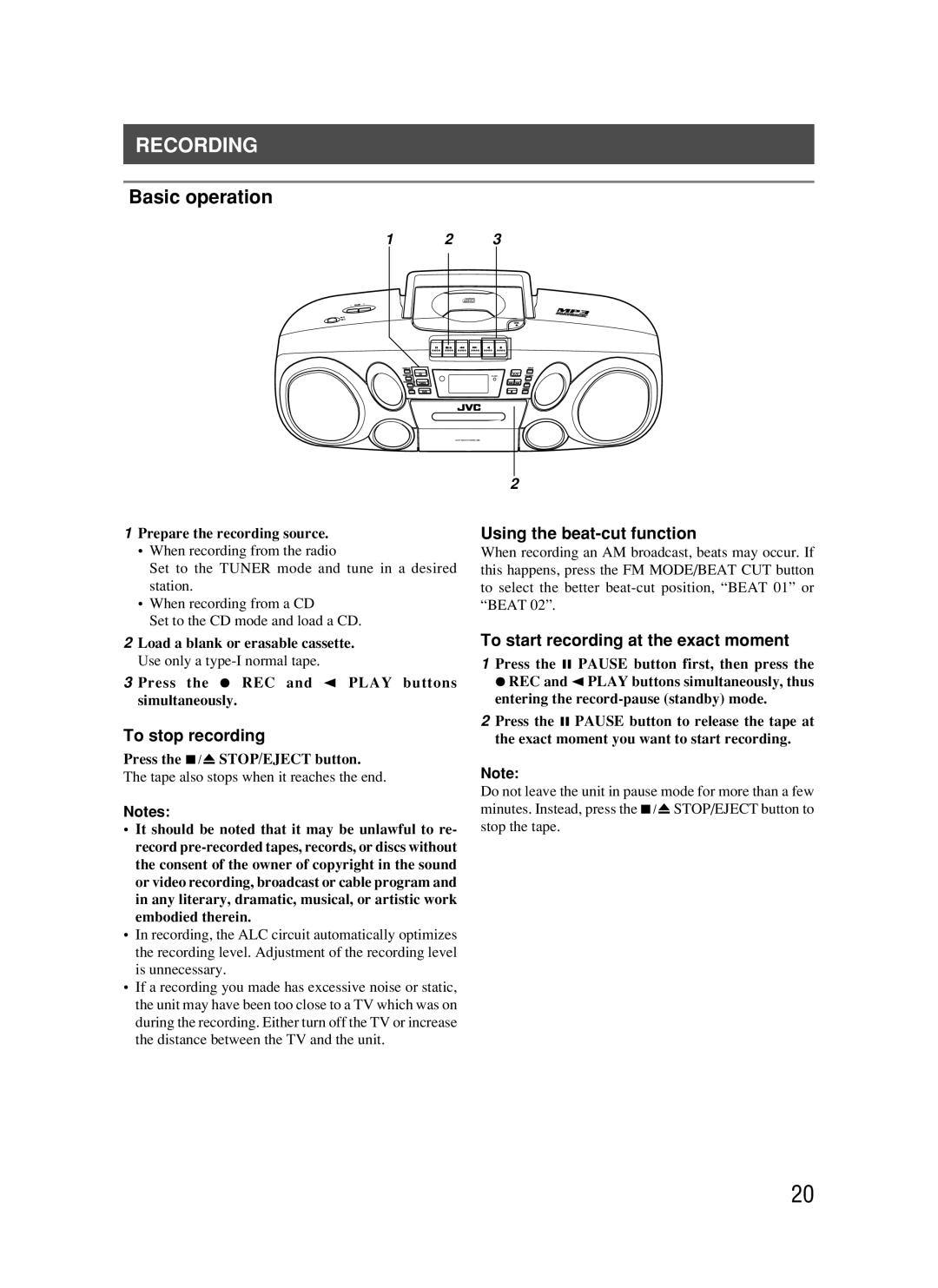 JVC RC-BM5 manual Recording, To stop recording, Using the beat-cut function, To start recording at the exact moment 