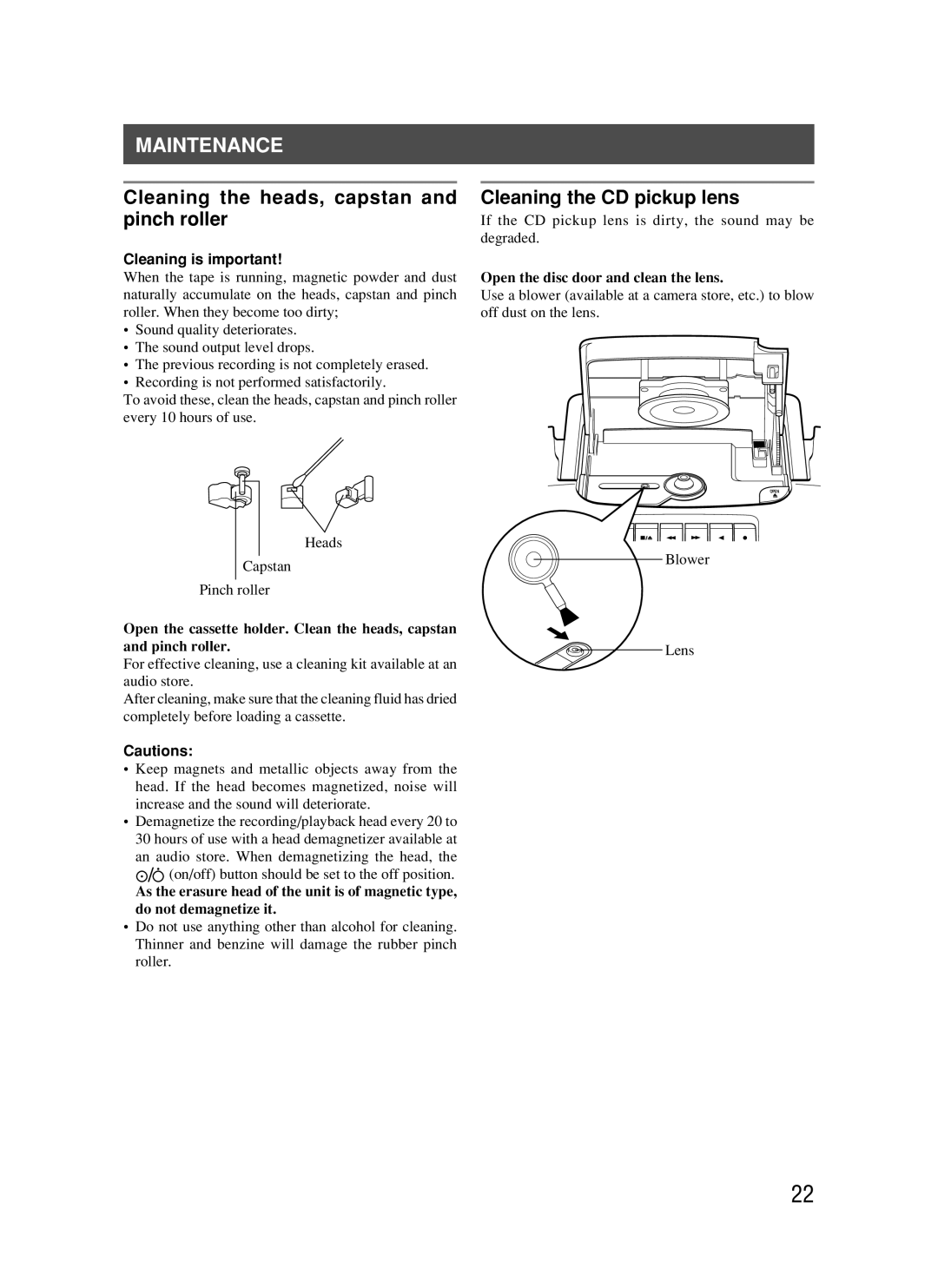 JVC RC-BM5 manual Maintenance, Cleaning the heads, capstan and pinch roller, Cleaning the CD pickup lens 