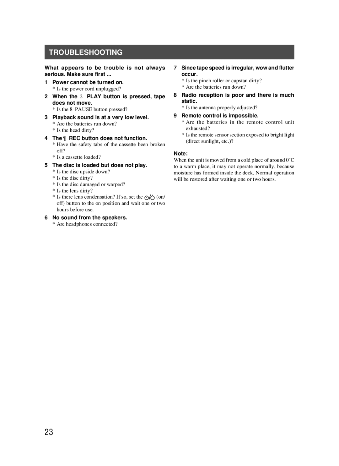 JVC RC-BM5 manual Troubleshooting, Disc is loaded but does not play 