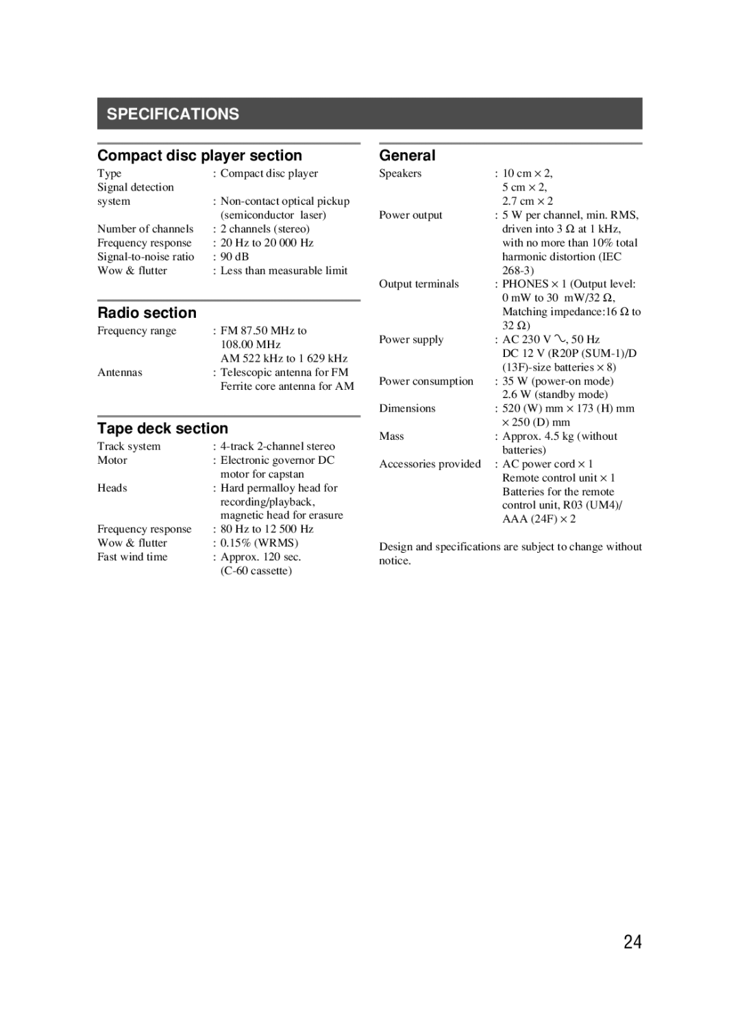 JVC RC-BM5 manual Specifications, Compact disc player section, Radio section, Tape deck section, General 