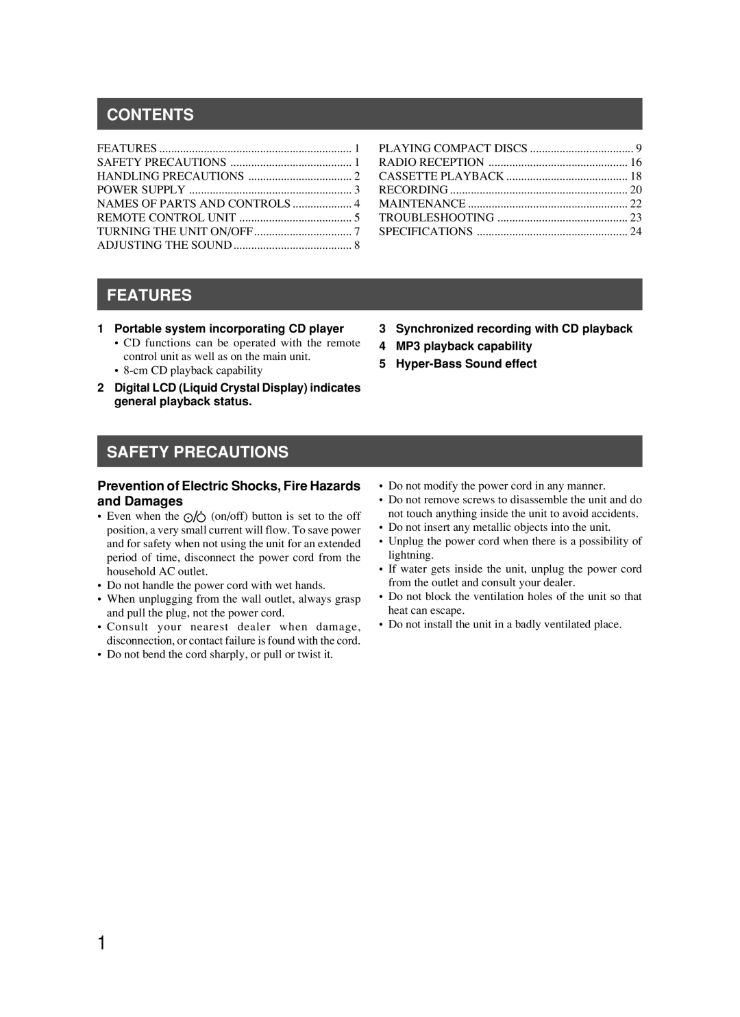 JVC RC-BM5 manual Contents, Features, Safety Precautions 