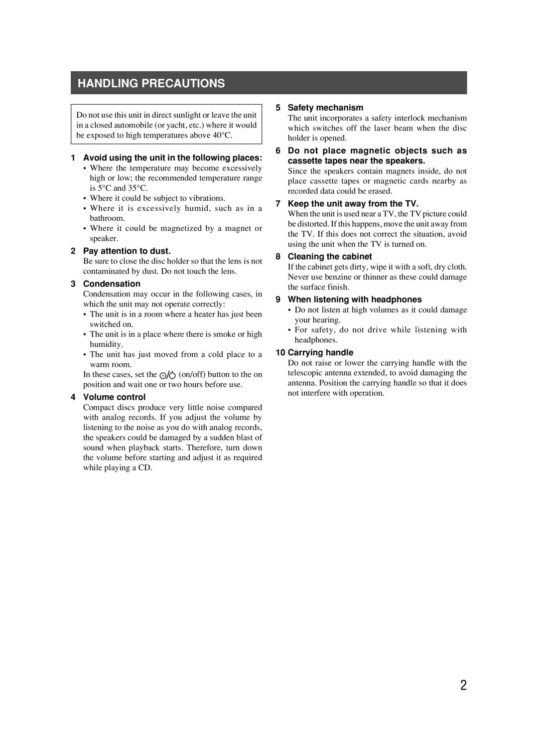 JVC RC-BM5 manual Handling Precautions, Avoid using the unit in the following places 