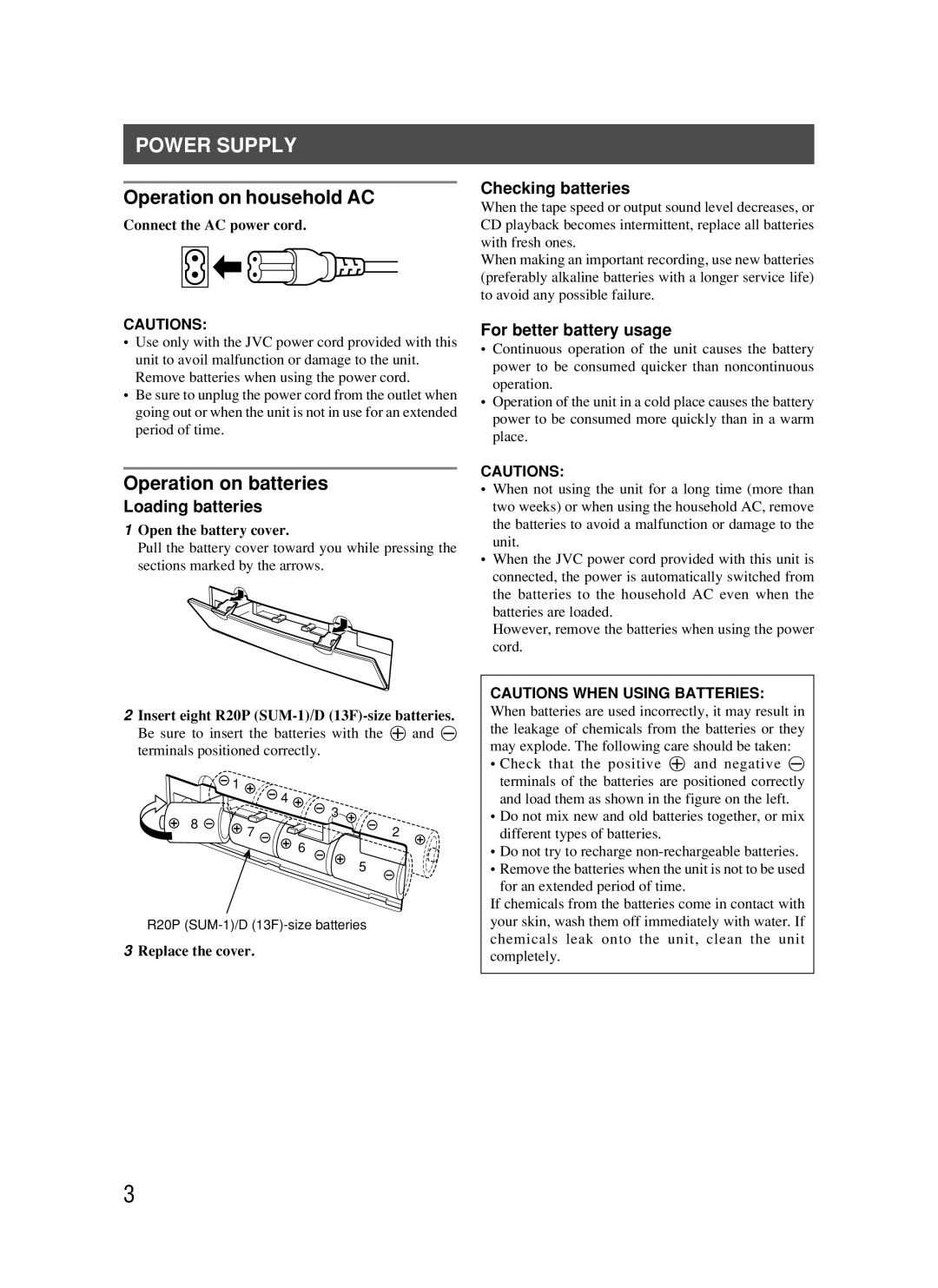 JVC RC-BM5 manual Power Supply, Operation on household AC, Operation on batteries 