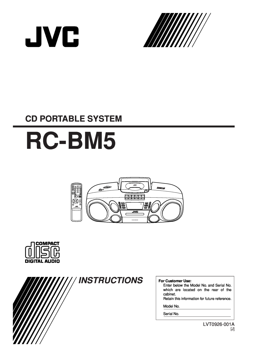 JVC RC-BM5 manual Cd Portable System, Instructions, LVT0926-001A, For Customer Use, Model No Serial No, Tuner, Tape 
